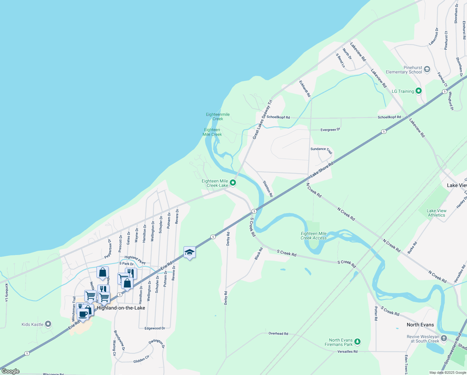 map of restaurants, bars, coffee shops, grocery stores, and more near 6449 Lake Shore Road in Derby