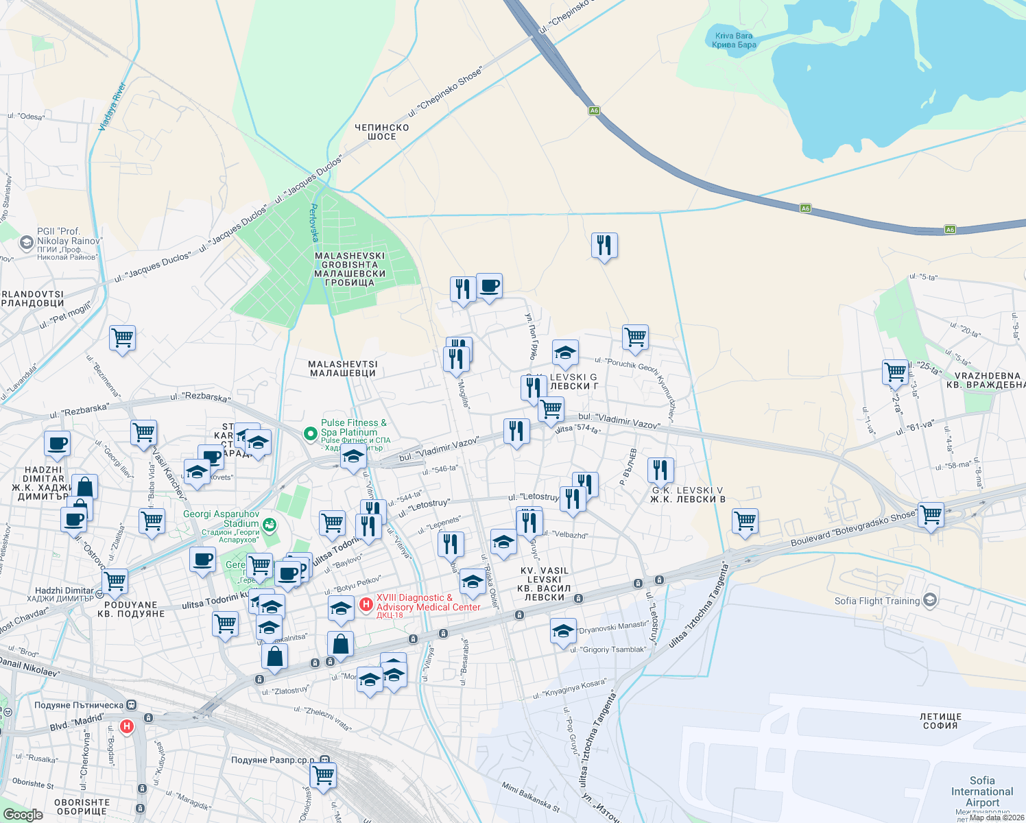map of restaurants, bars, coffee shops, grocery stores, and more near 2А g.k. Levski G in Sofia