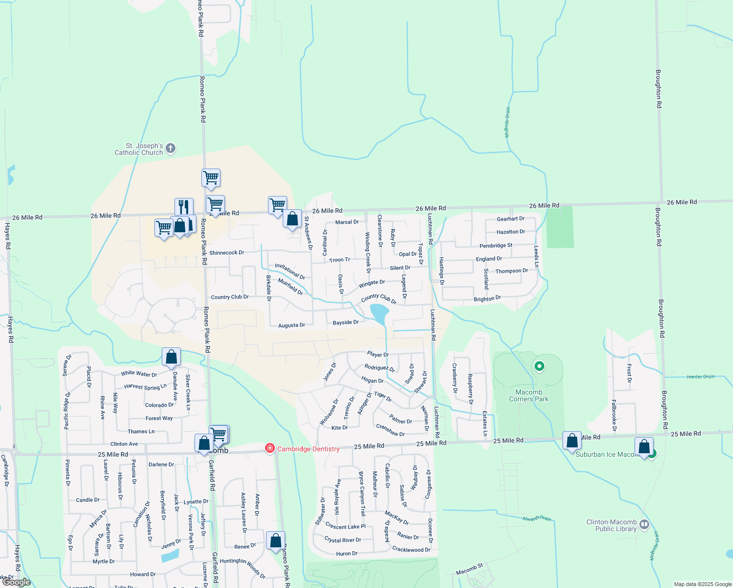 map of restaurants, bars, coffee shops, grocery stores, and more near 18105 Country Club Dr in Macomb