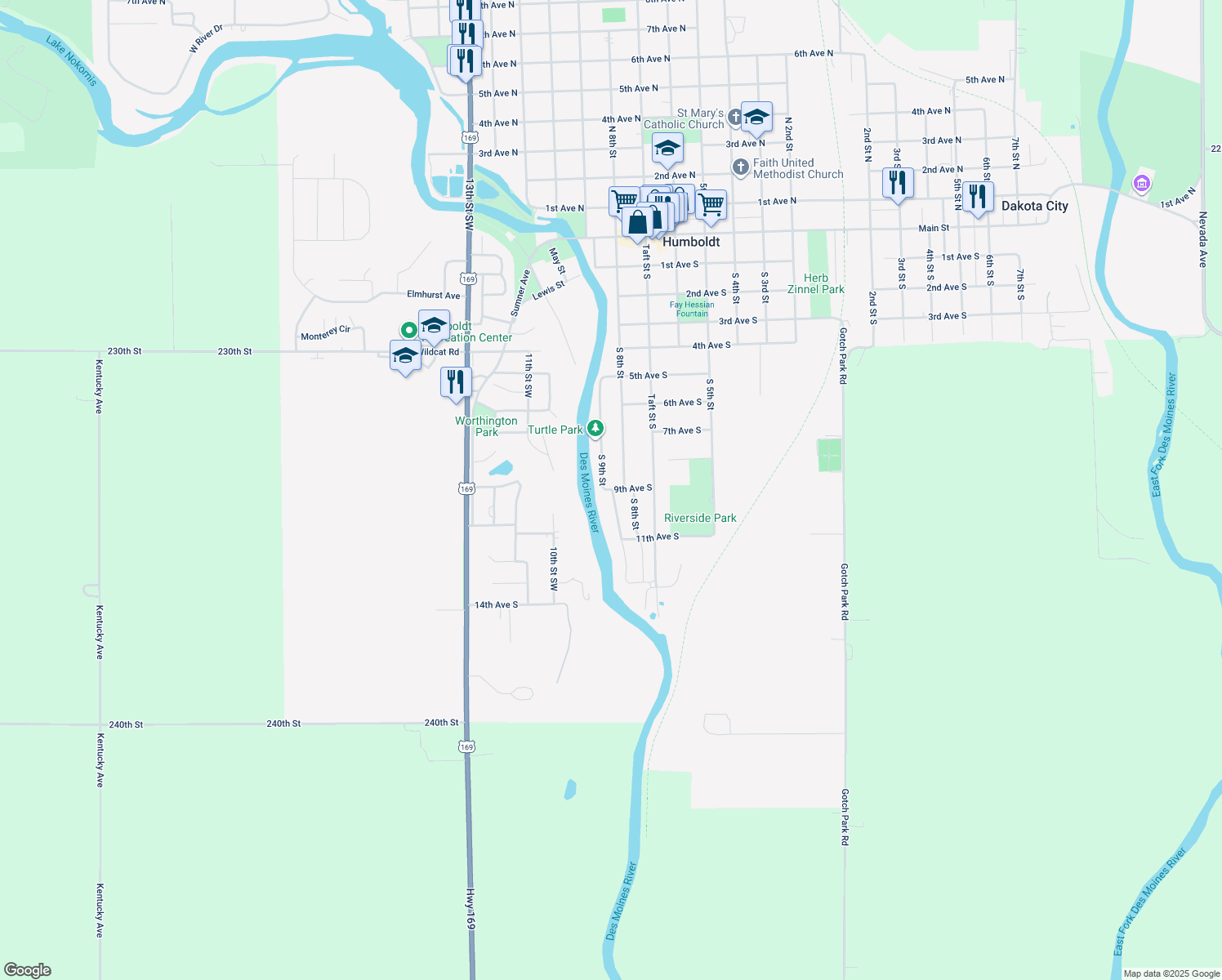 map of restaurants, bars, coffee shops, grocery stores, and more near 899 S 9th St in Humboldt