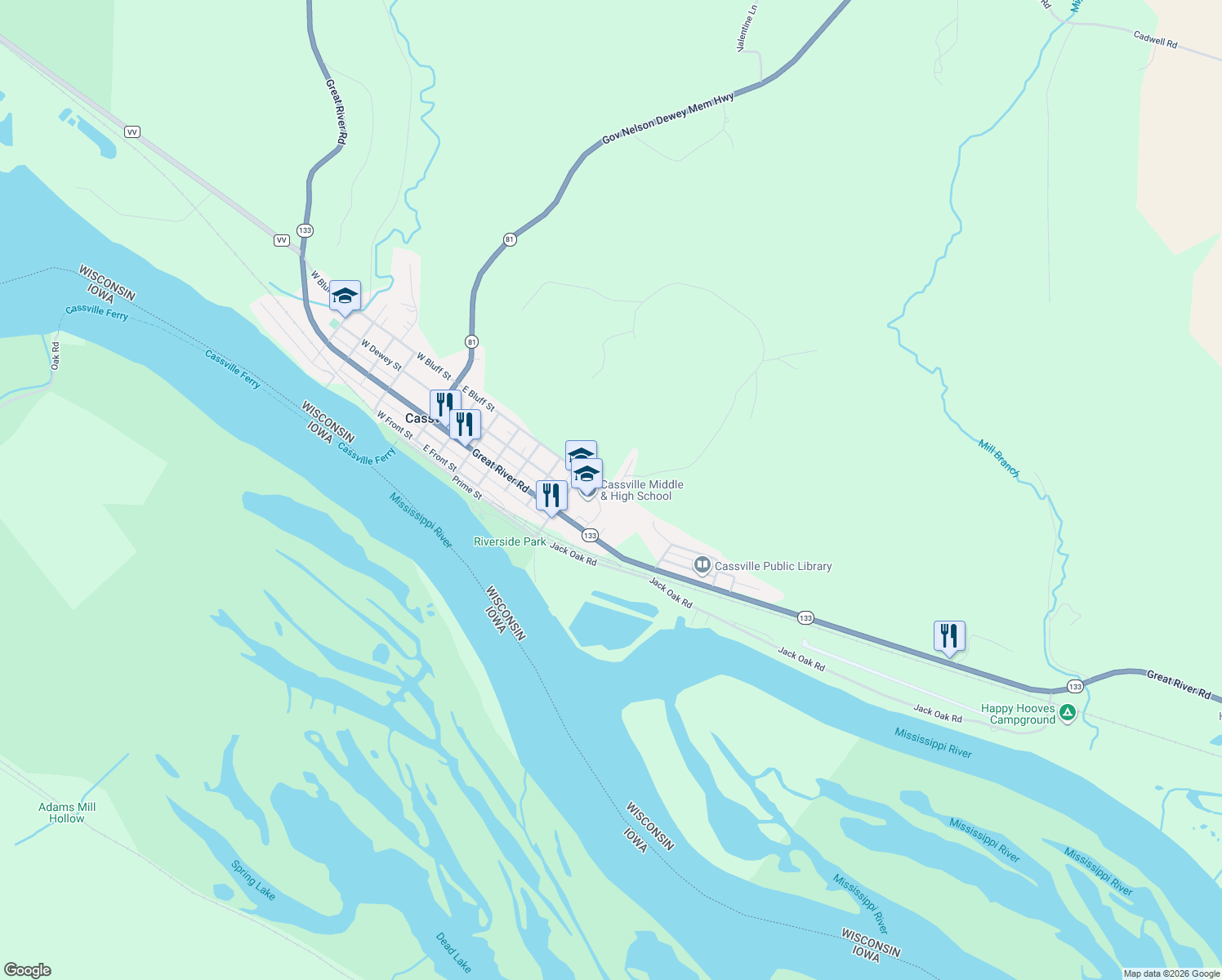 map of restaurants, bars, coffee shops, grocery stores, and more near 717 East Bluff Street in Cassville