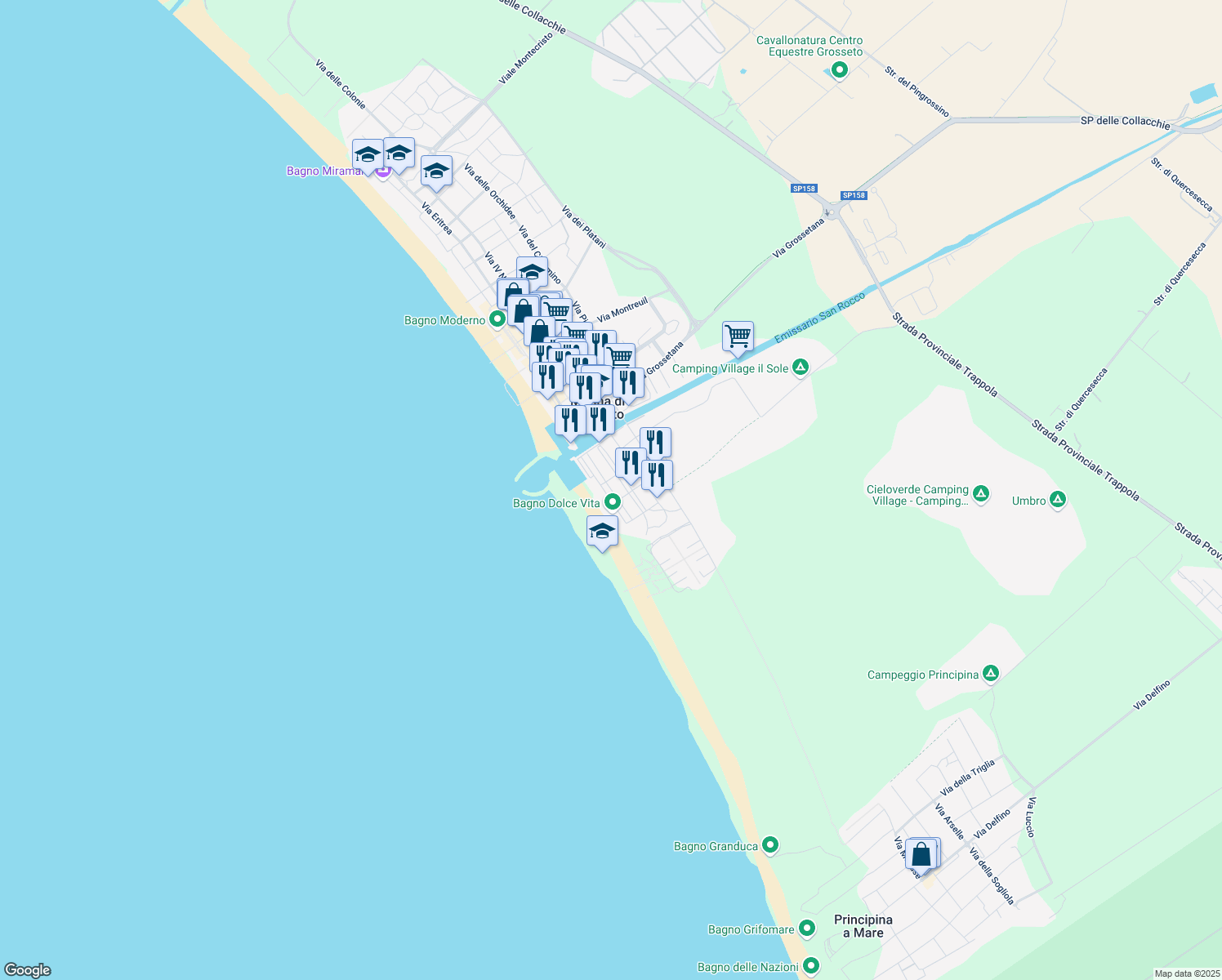 map of restaurants, bars, coffee shops, grocery stores, and more near 33 Via Giuseppe Parini in Marina di Grosseto