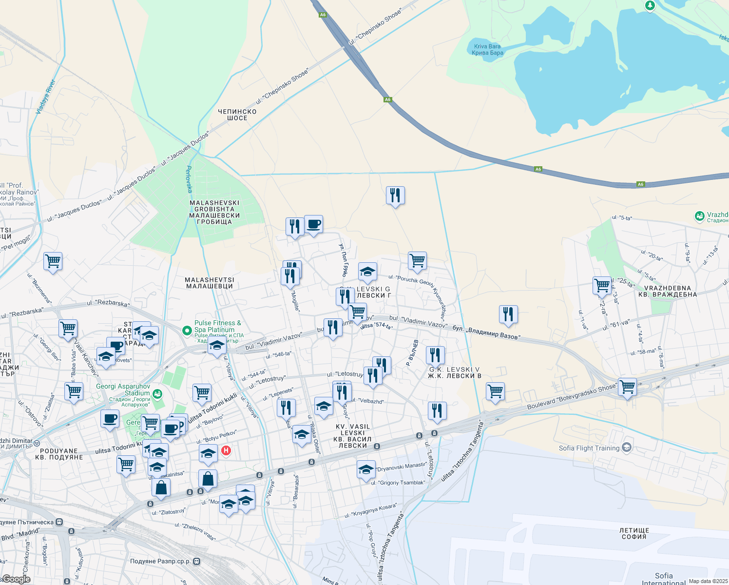 map of restaurants, bars, coffee shops, grocery stores, and more near in Sofia
