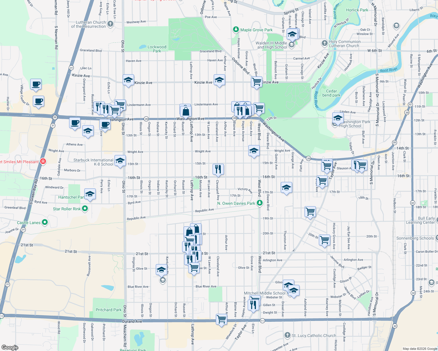 map of restaurants, bars, coffee shops, grocery stores, and more near 1547 Cleveland Avenue in Racine