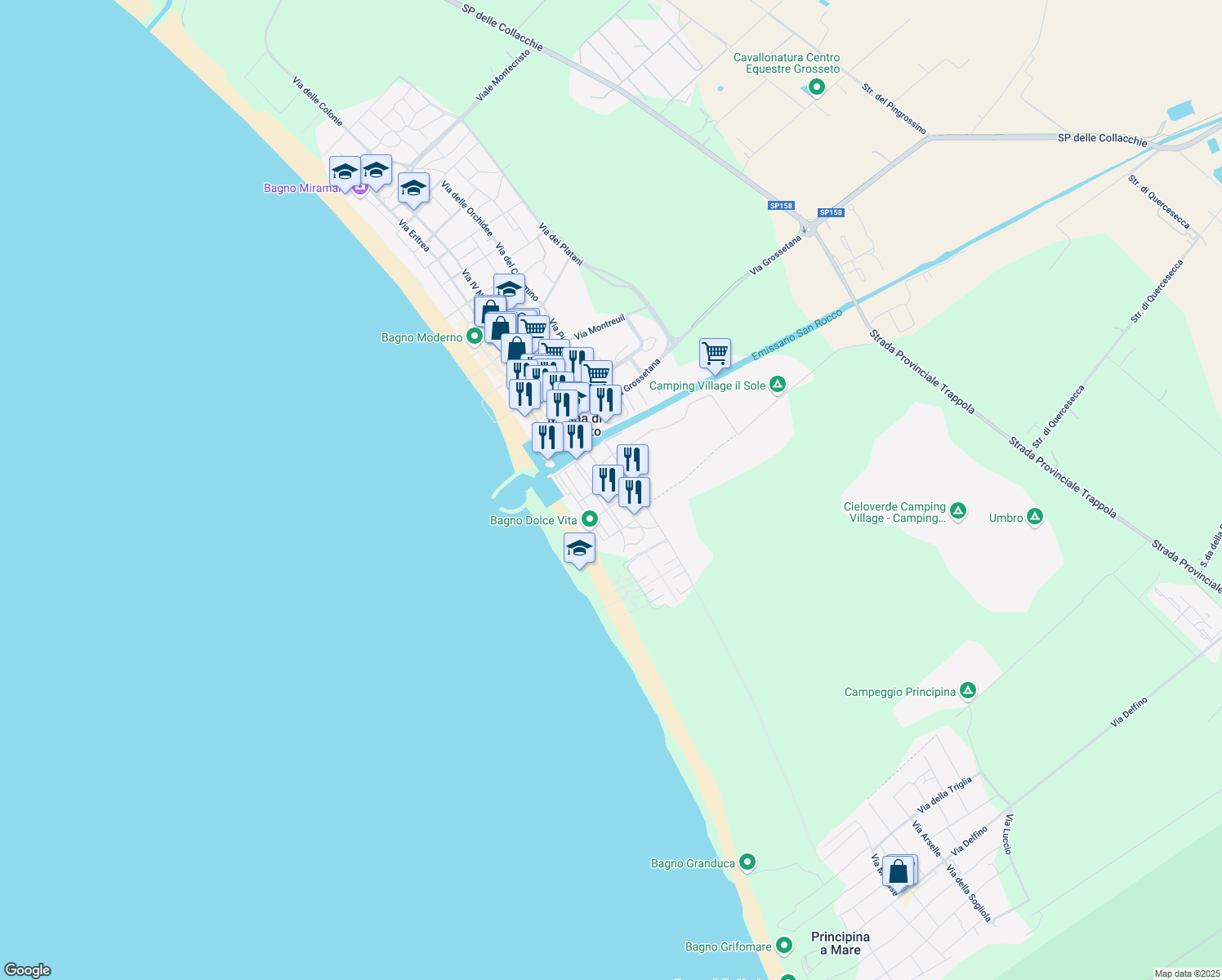 map of restaurants, bars, coffee shops, grocery stores, and more near 33 Via Giuseppe Parini in Marina di Grosseto