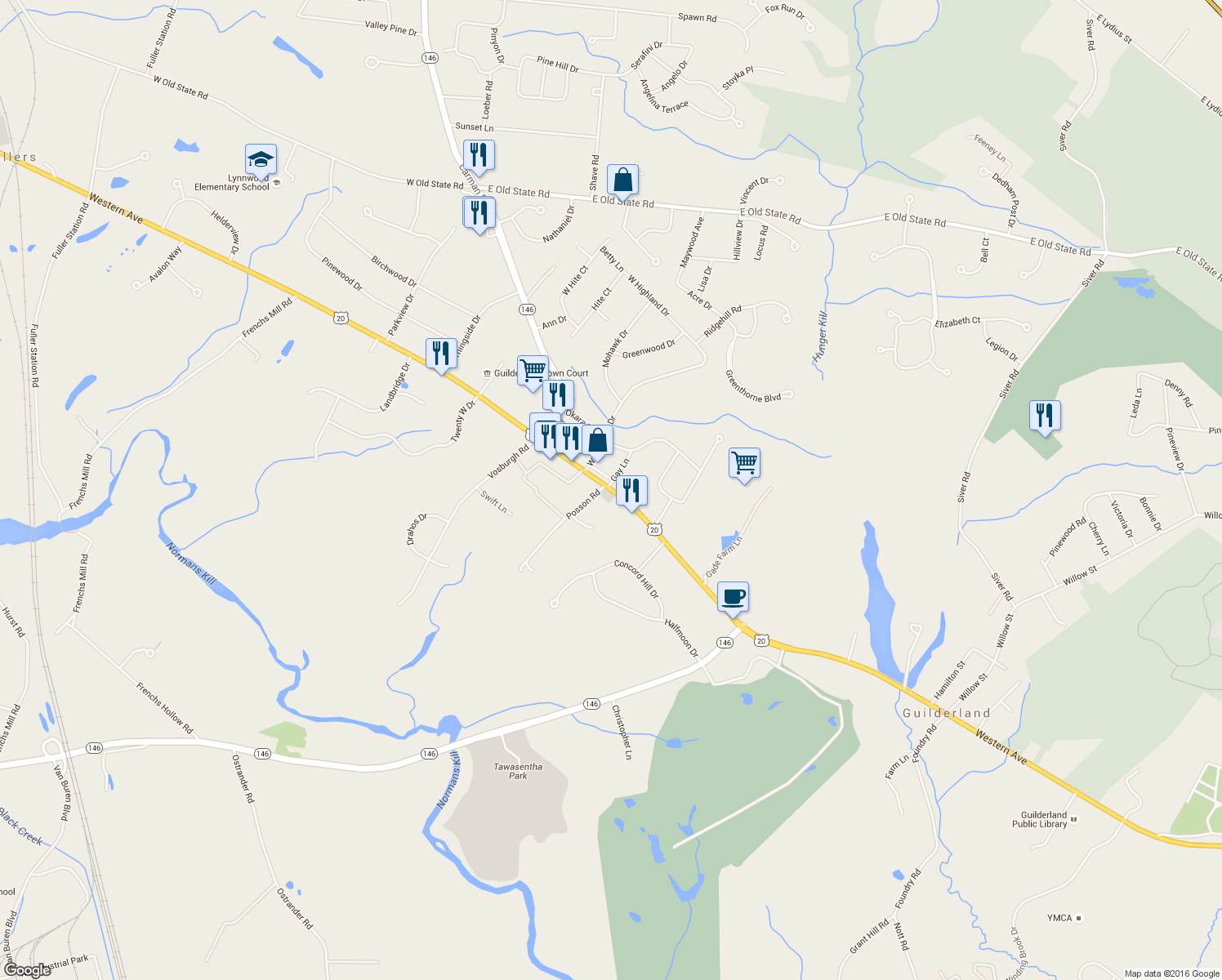 map of restaurants, bars, coffee shops, grocery stores, and more near 2554 Western Turnpike in Albany