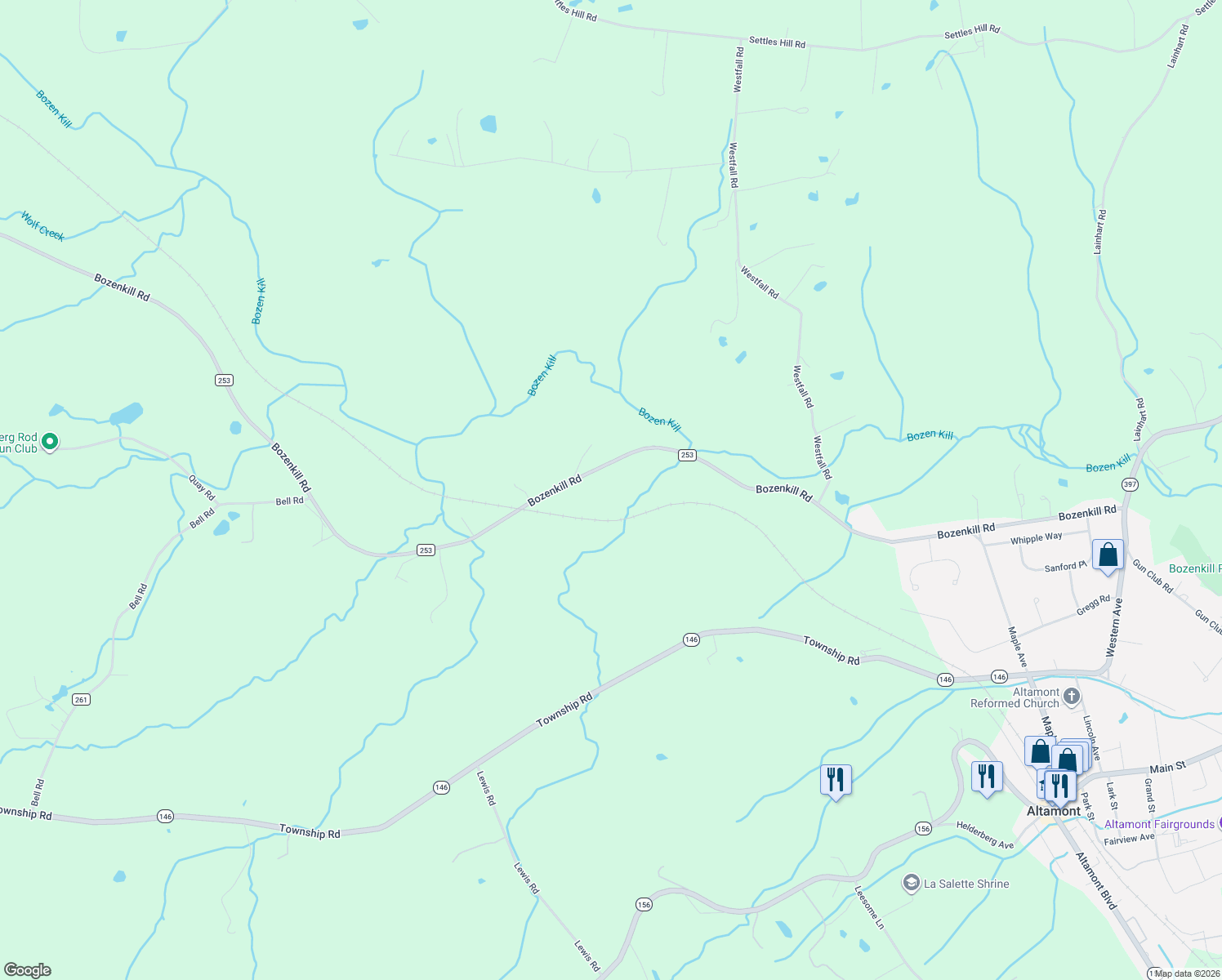 map of restaurants, bars, coffee shops, grocery stores, and more near 405 Bozenkill Road in Altamont