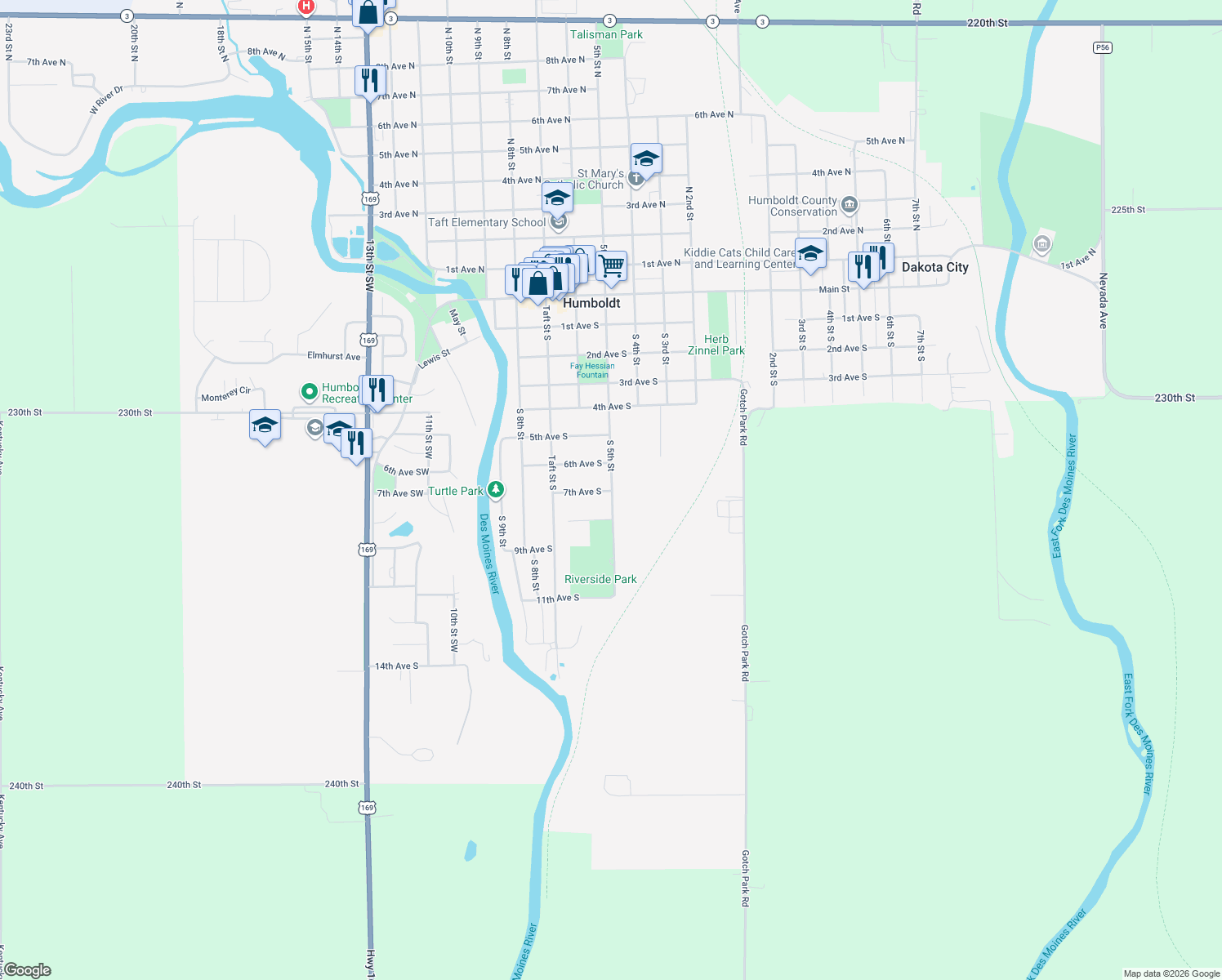 map of restaurants, bars, coffee shops, grocery stores, and more near 600 South 5th Street in Humboldt