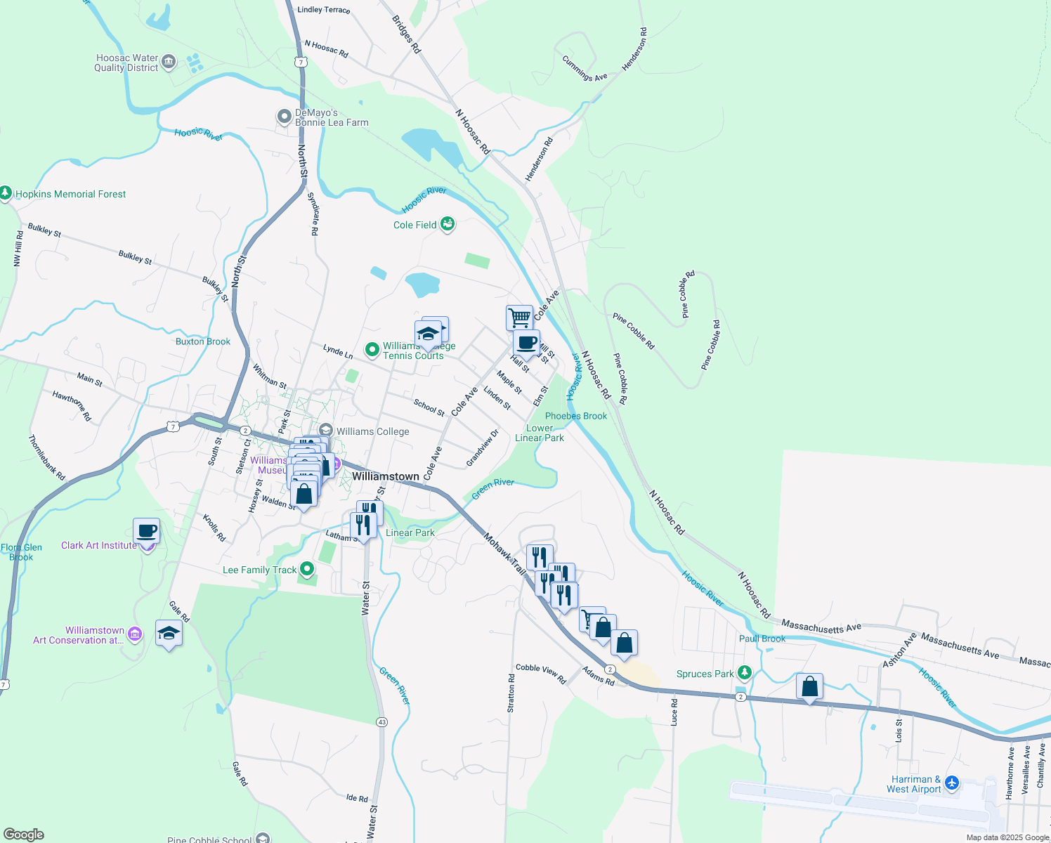 map of restaurants, bars, coffee shops, grocery stores, and more near 98 Linden St in Williamstown