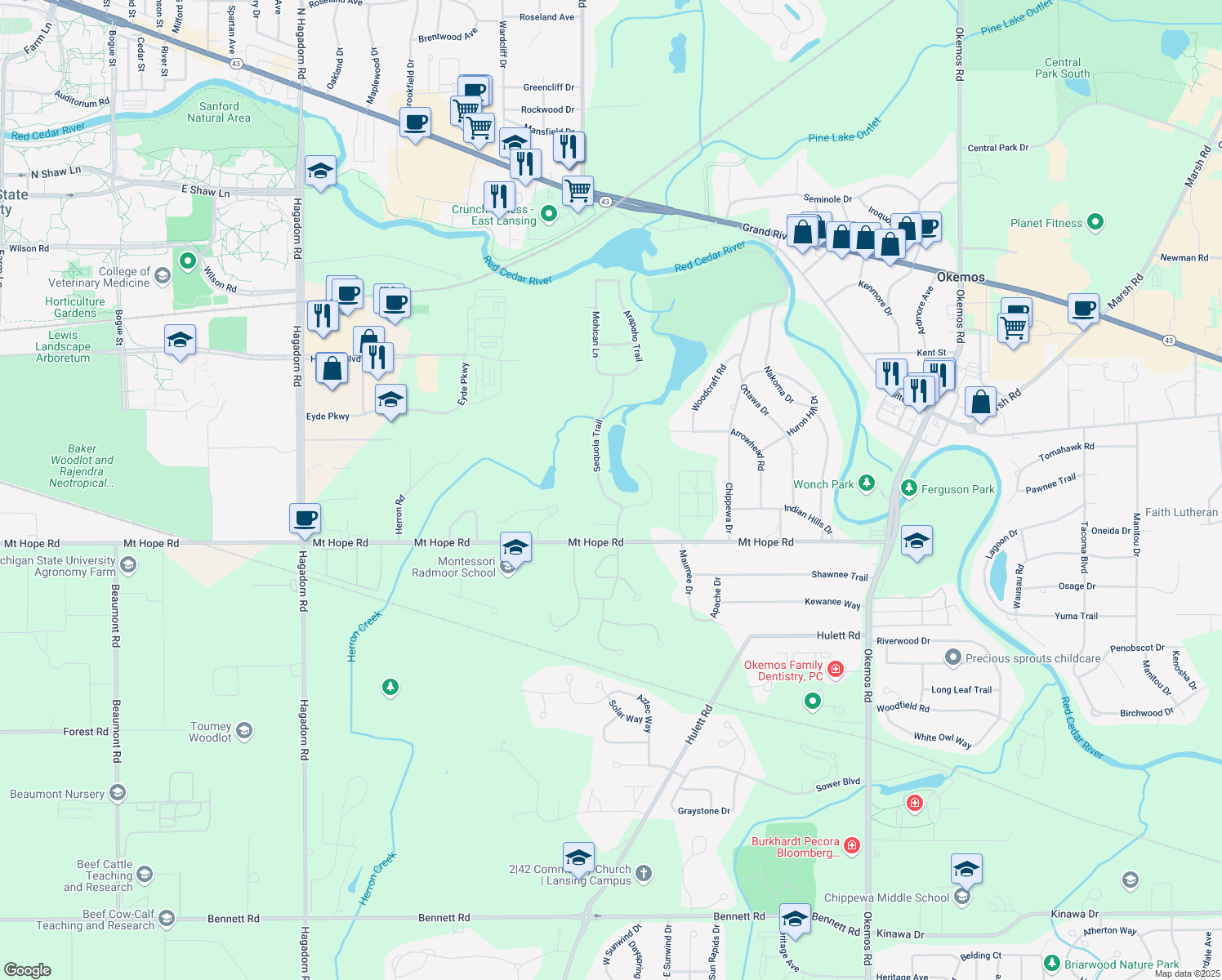 map of restaurants, bars, coffee shops, grocery stores, and more near 4562 Sequoia Trail in Meridian Charter Township