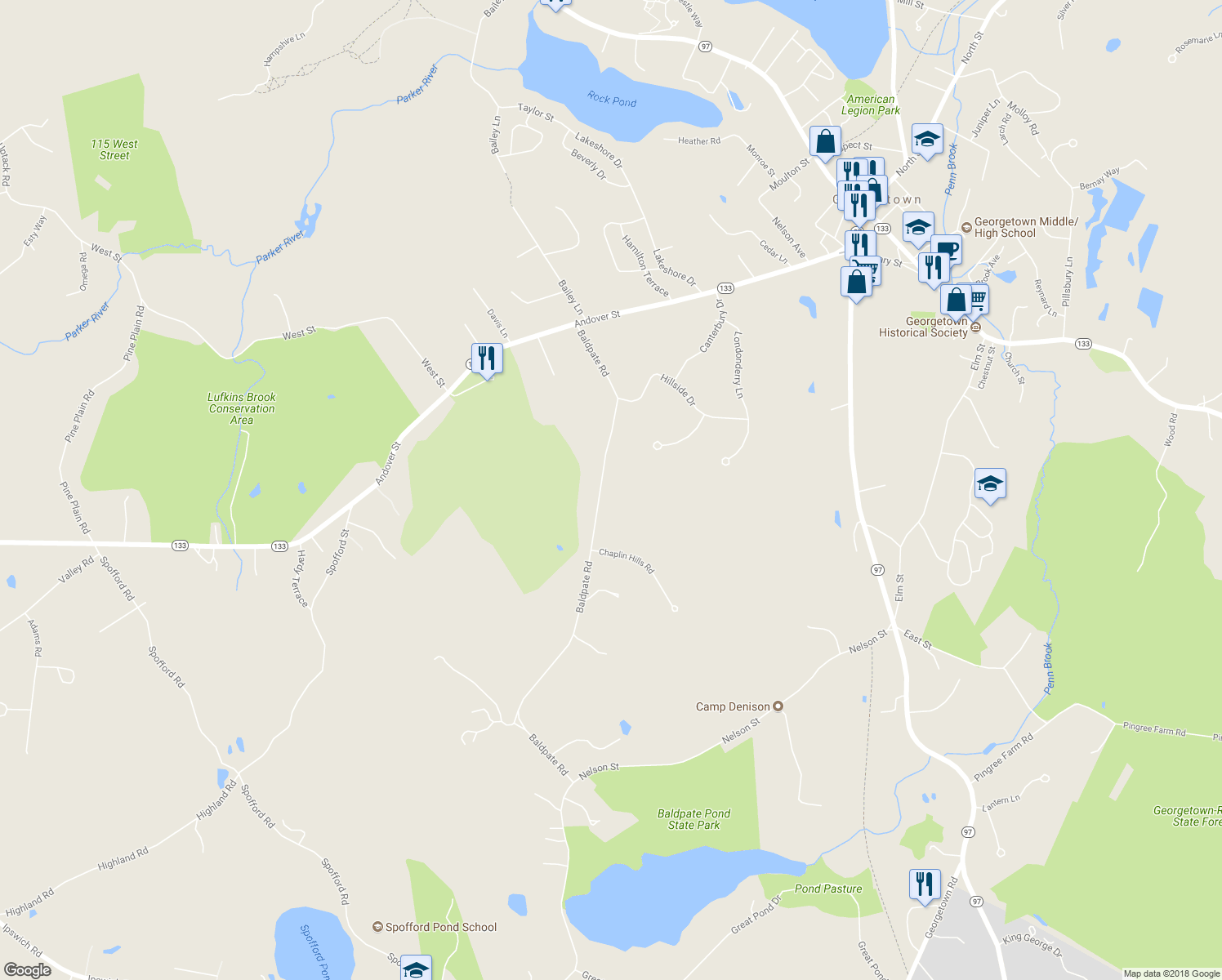 map of restaurants, bars, coffee shops, grocery stores, and more near 32 Baldpate Road in Georgetown