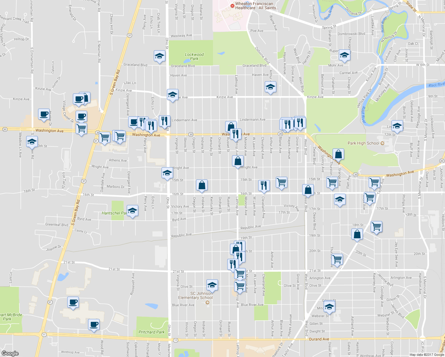 map of restaurants, bars, coffee shops, grocery stores, and more near 1439 Orchard Street in Racine