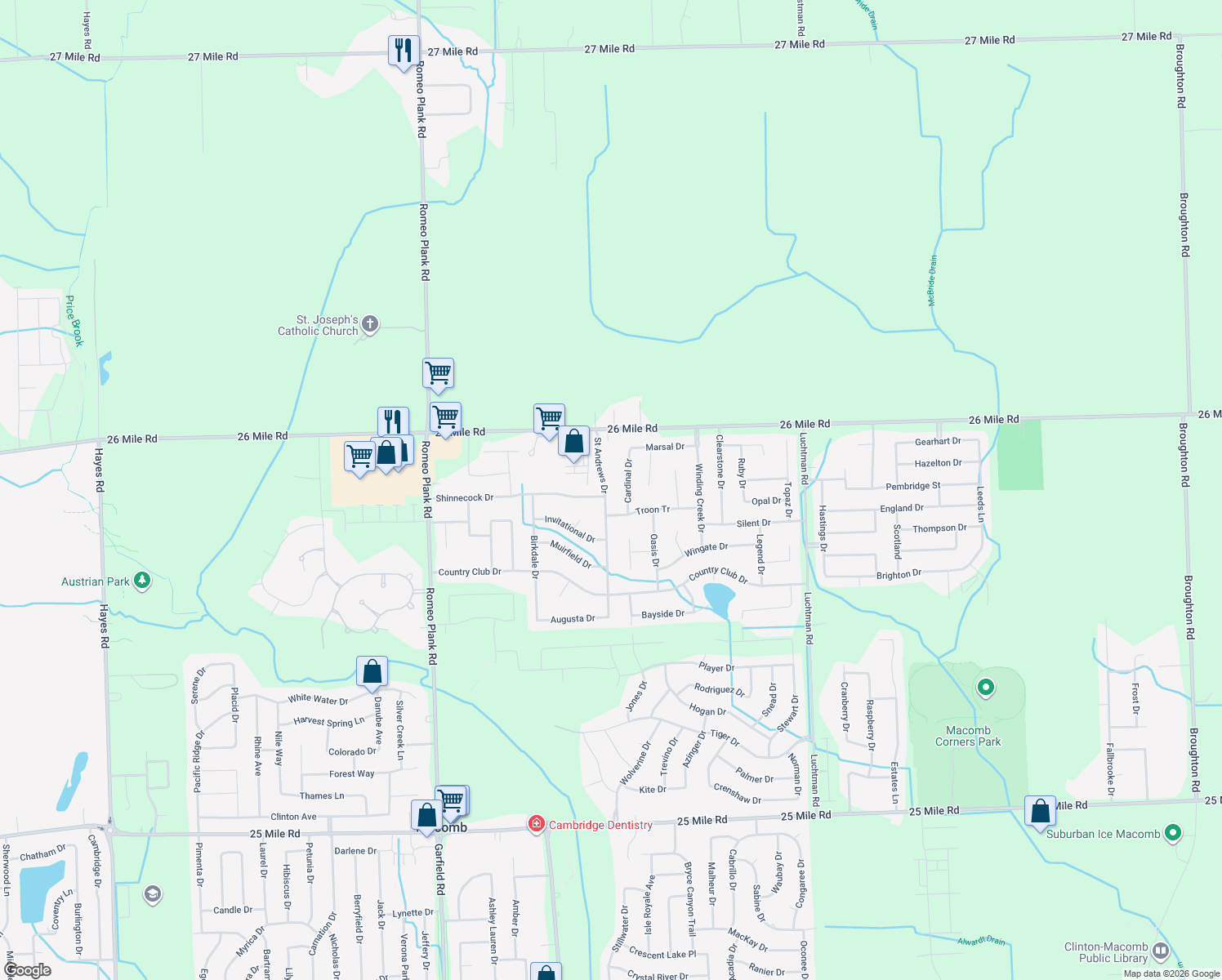 map of restaurants, bars, coffee shops, grocery stores, and more near 56692 Saint Andrews Drive in Macomb