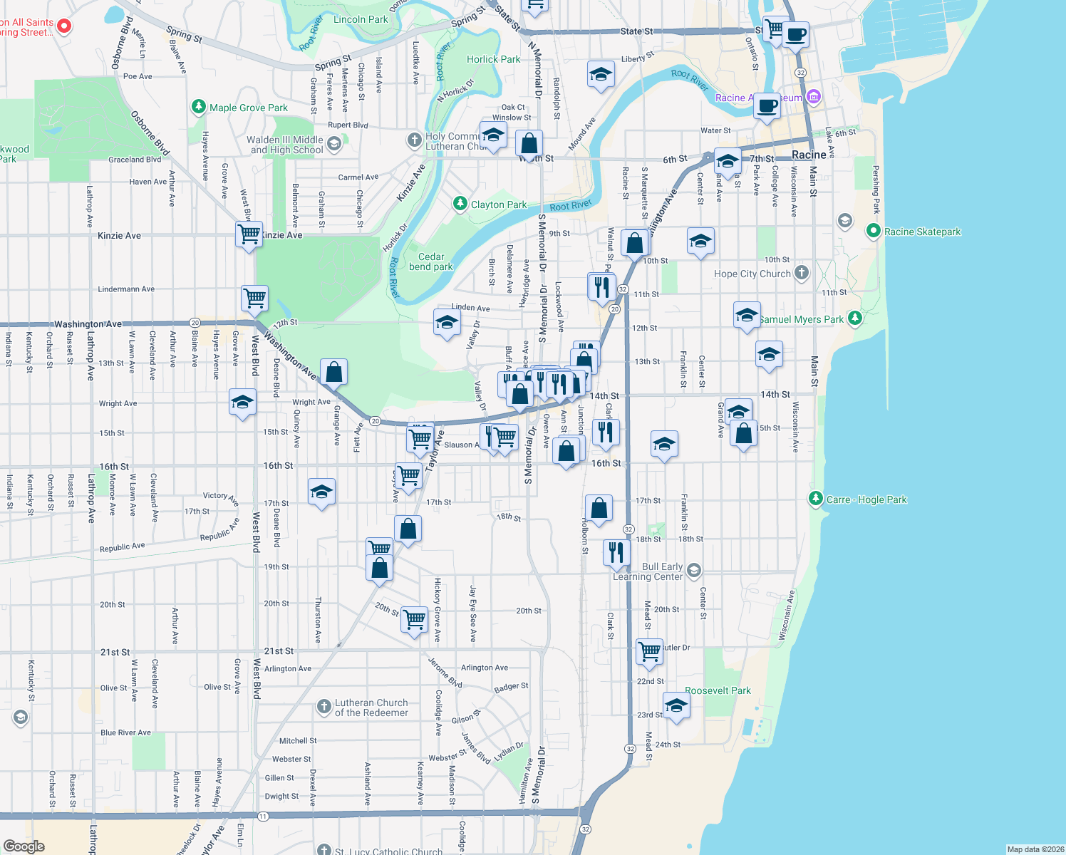 map of restaurants, bars, coffee shops, grocery stores, and more near 1515 South Memorial Drive in Racine