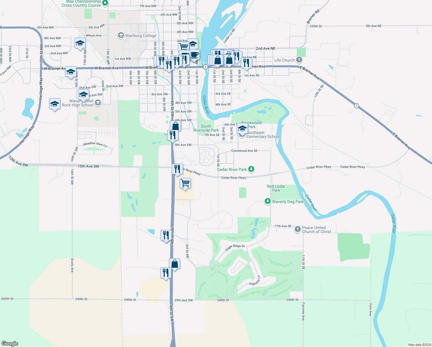 map of restaurants, bars, coffee shops, grocery stores, and more near 1202 1st Street Southeast in Waverly