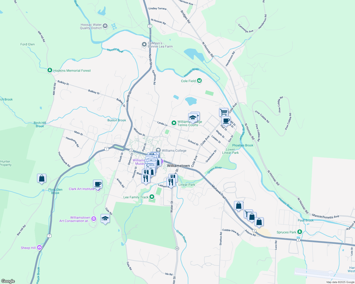 map of restaurants, bars, coffee shops, grocery stores, and more near Southworth Street in Williamstown