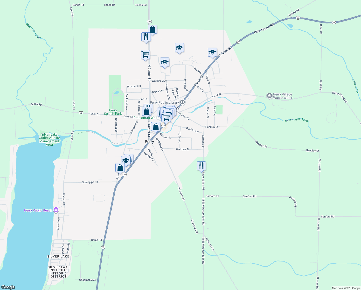 map of restaurants, bars, coffee shops, grocery stores, and more near 39 Spring Street in Perry