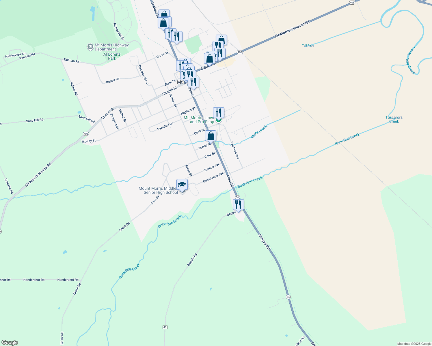 map of restaurants, bars, coffee shops, grocery stores, and more near 5 Bonadonna Avenue in Mount Morris