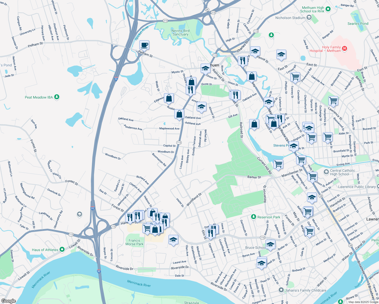 map of restaurants, bars, coffee shops, grocery stores, and more near 35 Shirley Avenue in Methuen