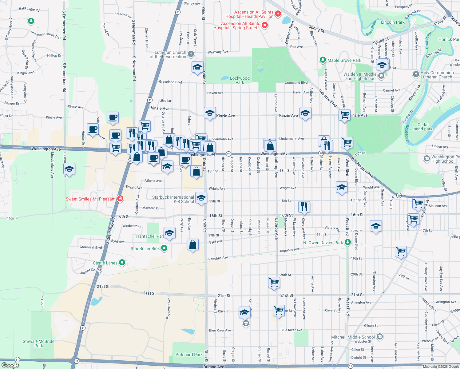 map of restaurants, bars, coffee shops, grocery stores, and more near 1346 Oregon Street in Racine