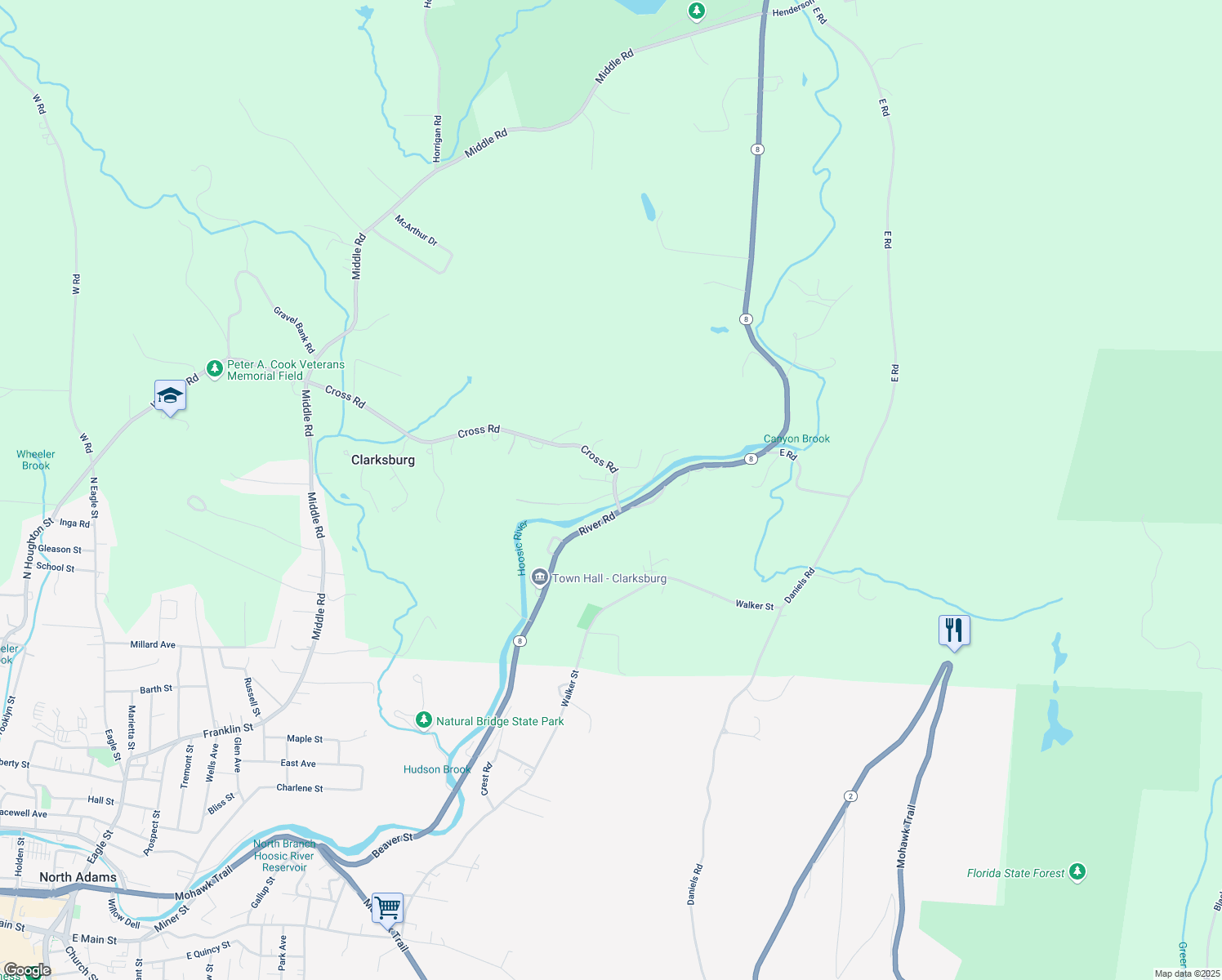 map of restaurants, bars, coffee shops, grocery stores, and more near 33 Cross Rd in North Adams