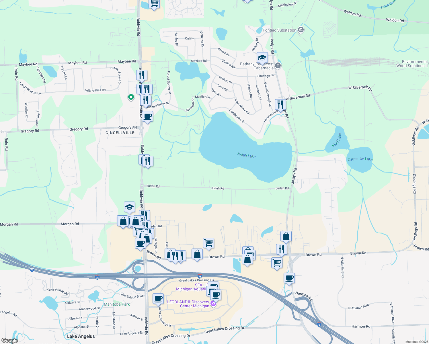 map of restaurants, bars, coffee shops, grocery stores, and more near 2780 Judah Road in Orion charter Township