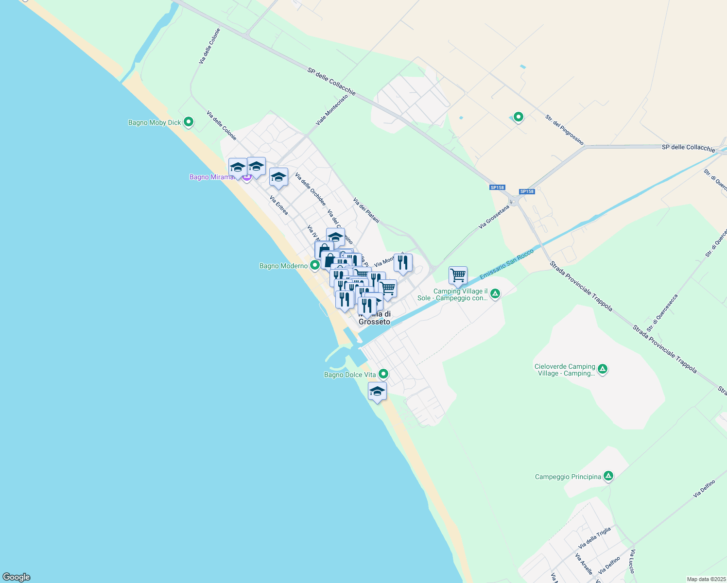 map of restaurants, bars, coffee shops, grocery stores, and more near 37 Via Firenze in Marina di Grosseto