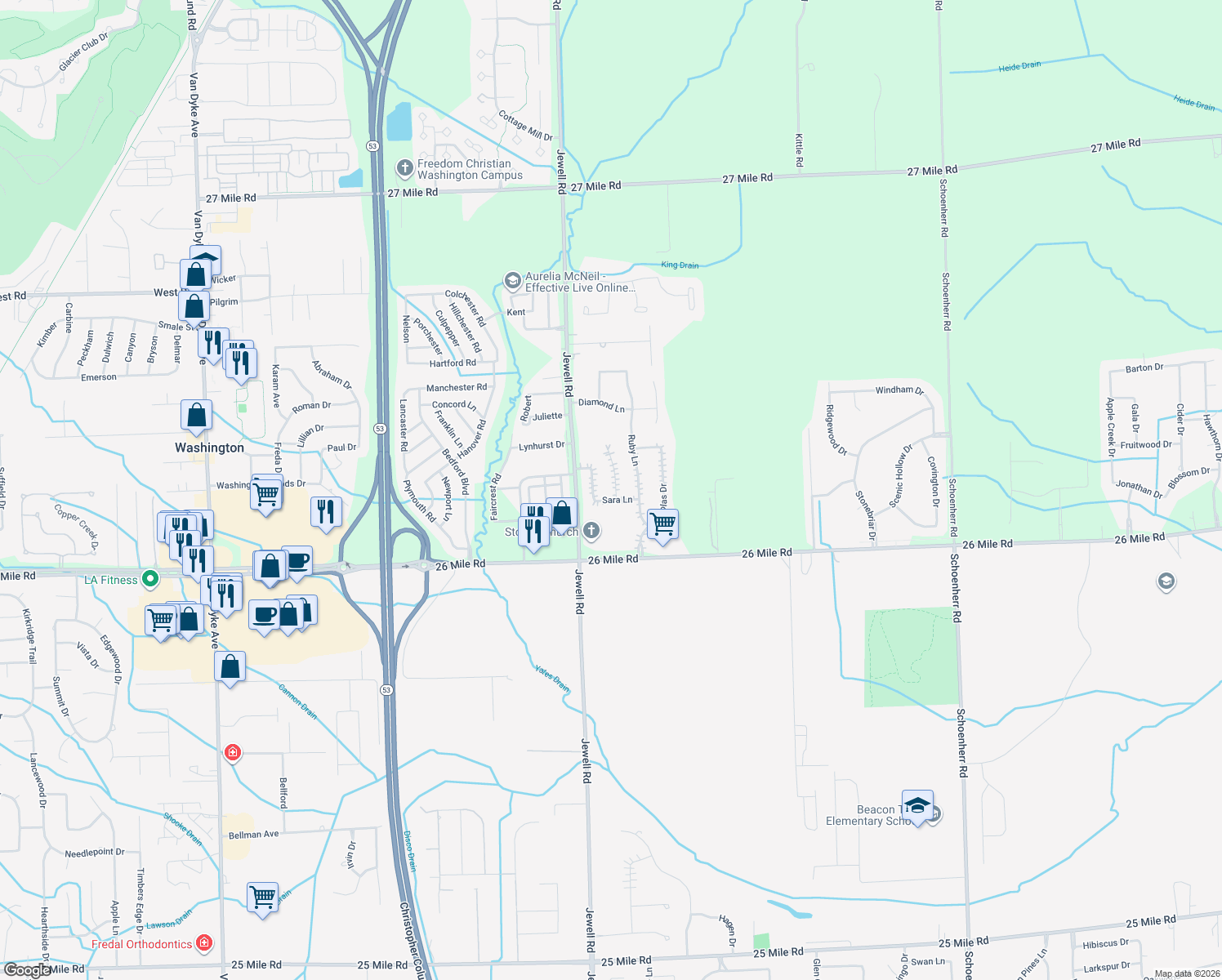 map of restaurants, bars, coffee shops, grocery stores, and more near 57499 Julie Court in Washington