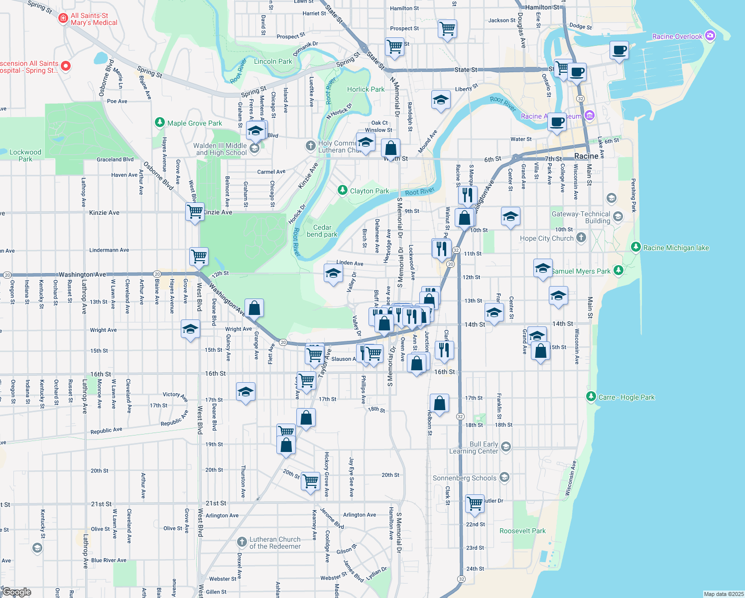 map of restaurants, bars, coffee shops, grocery stores, and more near 1244 Bluff Ave in Racine