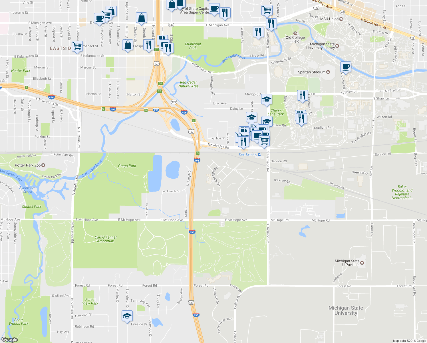 map of restaurants, bars, coffee shops, grocery stores, and more near 1552 Middlevale Road in East Lansing