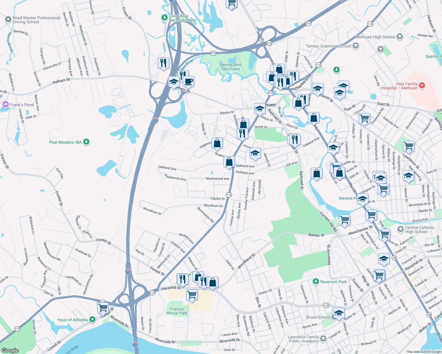 map of restaurants, bars, coffee shops, grocery stores, and more near 12 Maplewood Avenue in Methuen