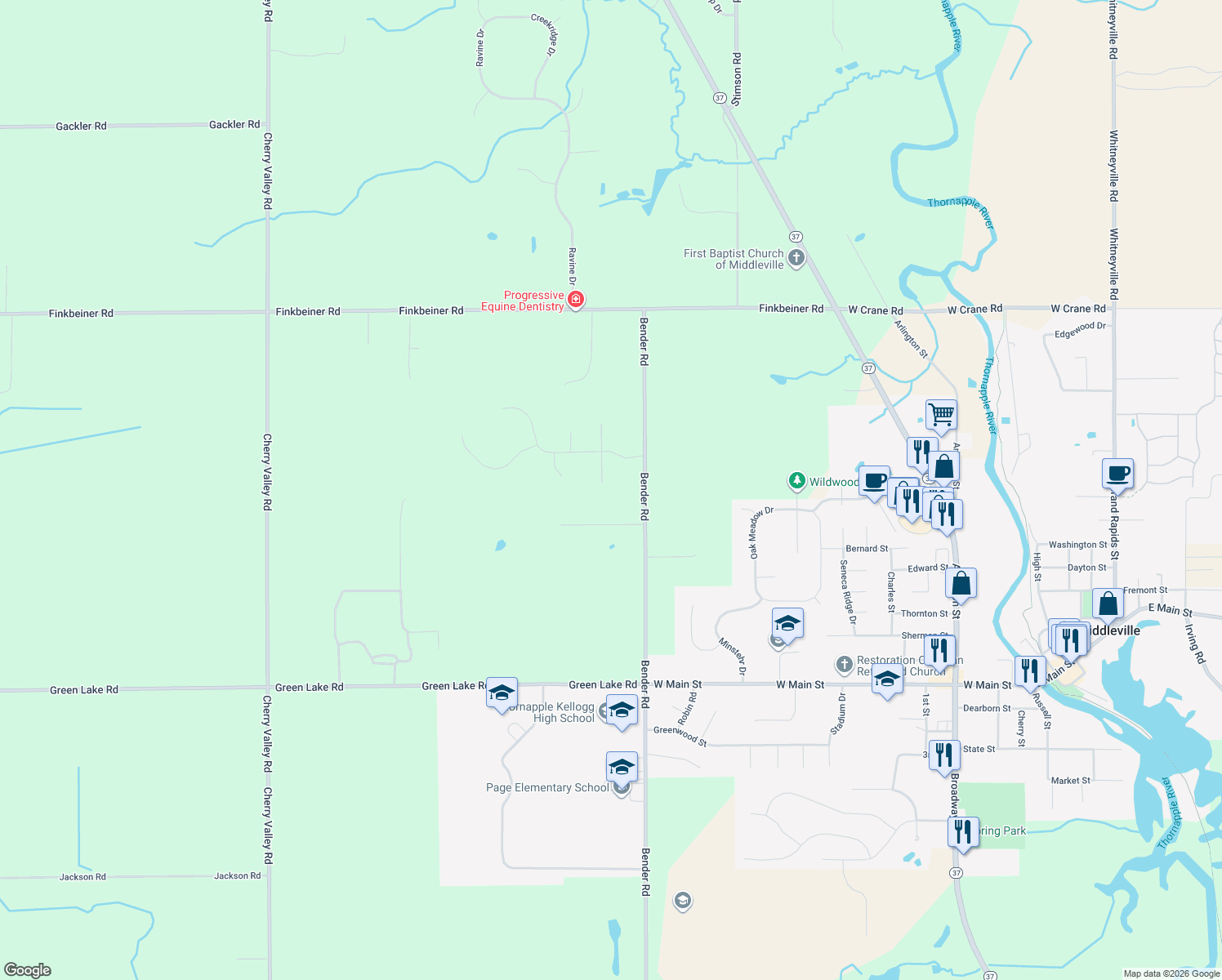 map of restaurants, bars, coffee shops, grocery stores, and more near 4524 Redbud Court in Middleville