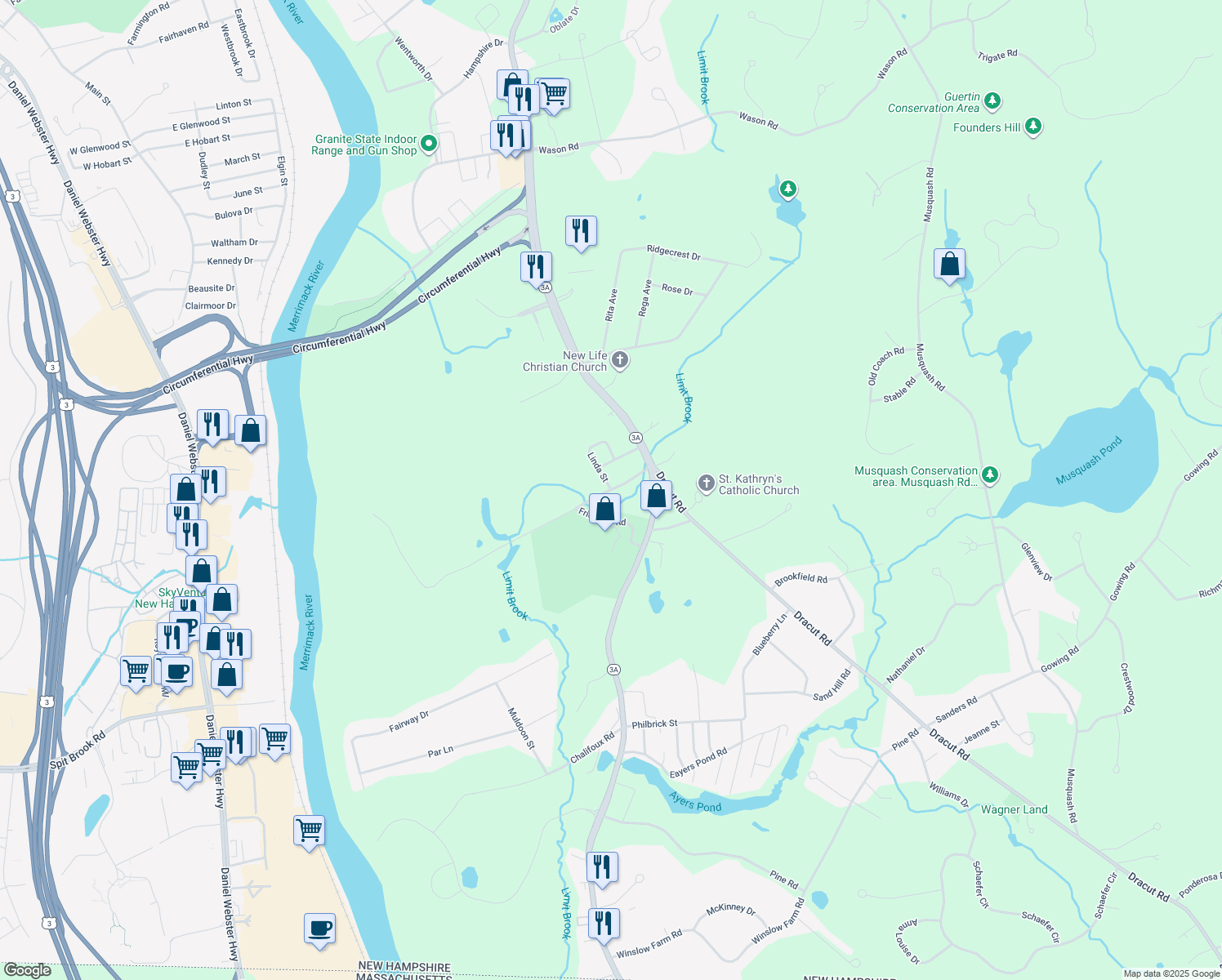 map of restaurants, bars, coffee shops, grocery stores, and more near 2 Linda Street in Hudson