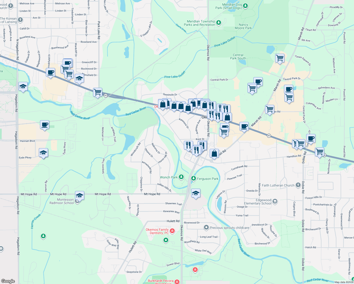 map of restaurants, bars, coffee shops, grocery stores, and more near 2227 Hamilton Rd in Meridian Charter Township