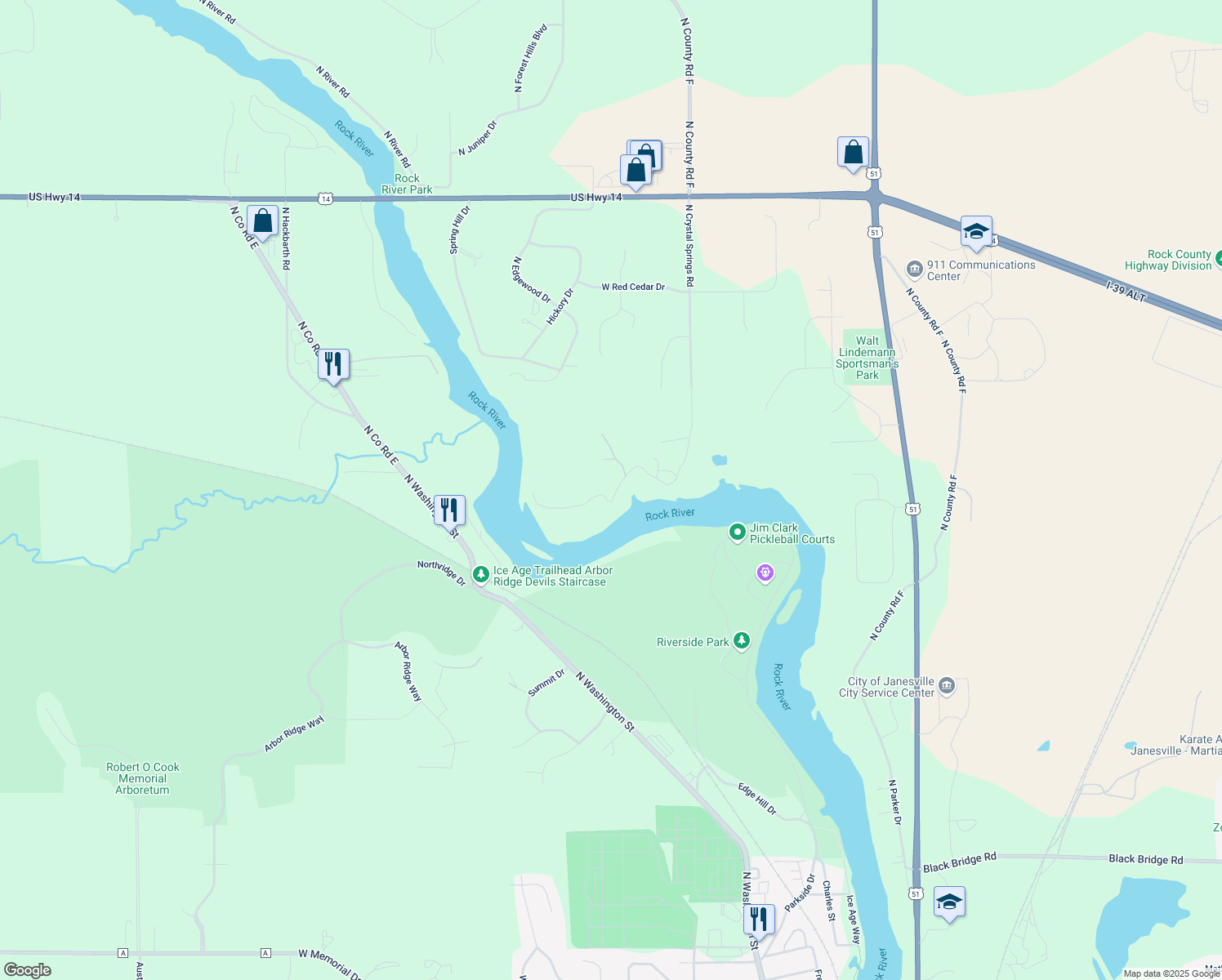 map of restaurants, bars, coffee shops, grocery stores, and more near 2120 West Crystal Springs Road in Janesville