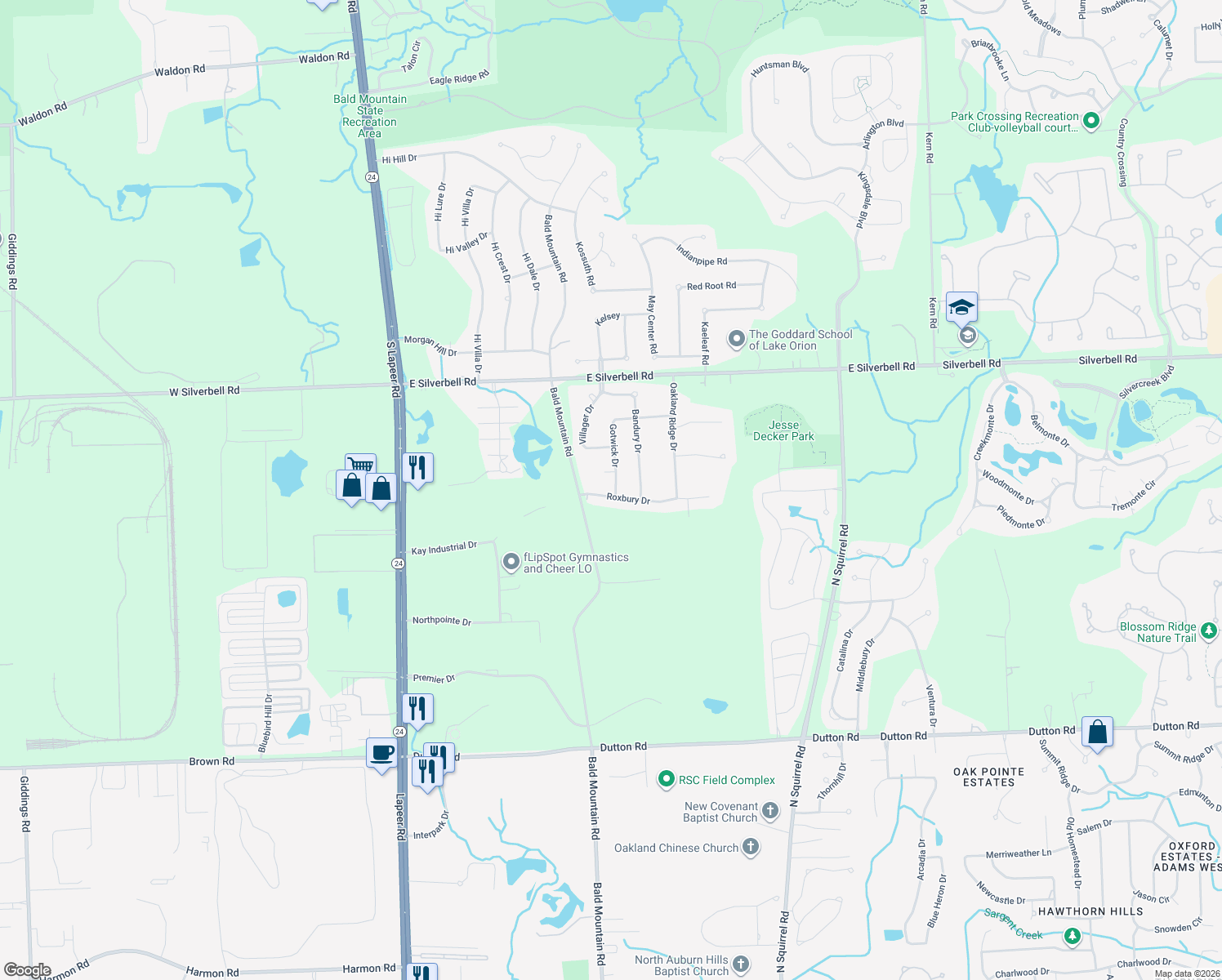 map of restaurants, bars, coffee shops, grocery stores, and more near 4236 Gotwick Drive in Orion charter Township