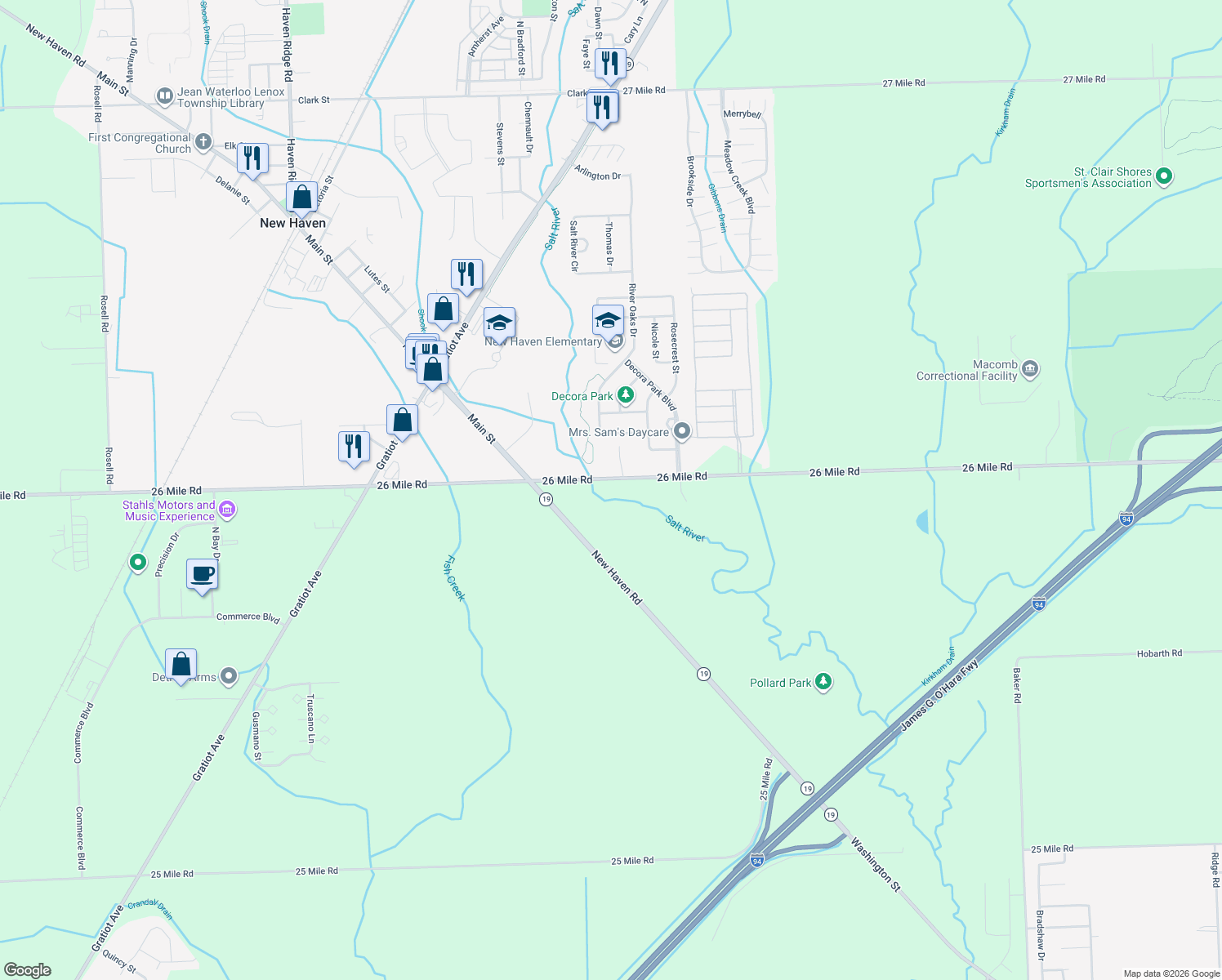 map of restaurants, bars, coffee shops, grocery stores, and more near 32480 26 Mile Road in New Baltimore