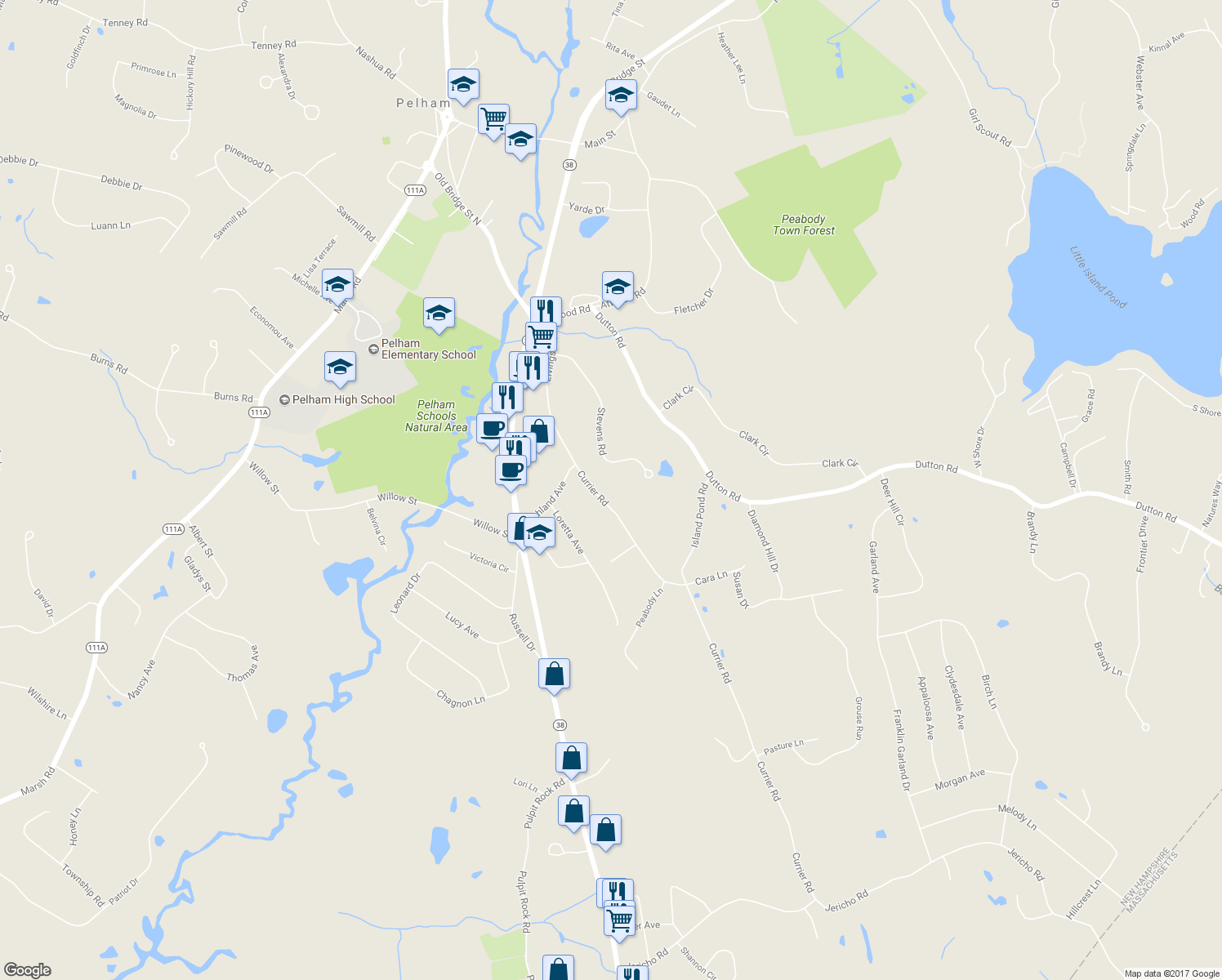 map of restaurants, bars, coffee shops, grocery stores, and more near 27 Currier Road in Pelham