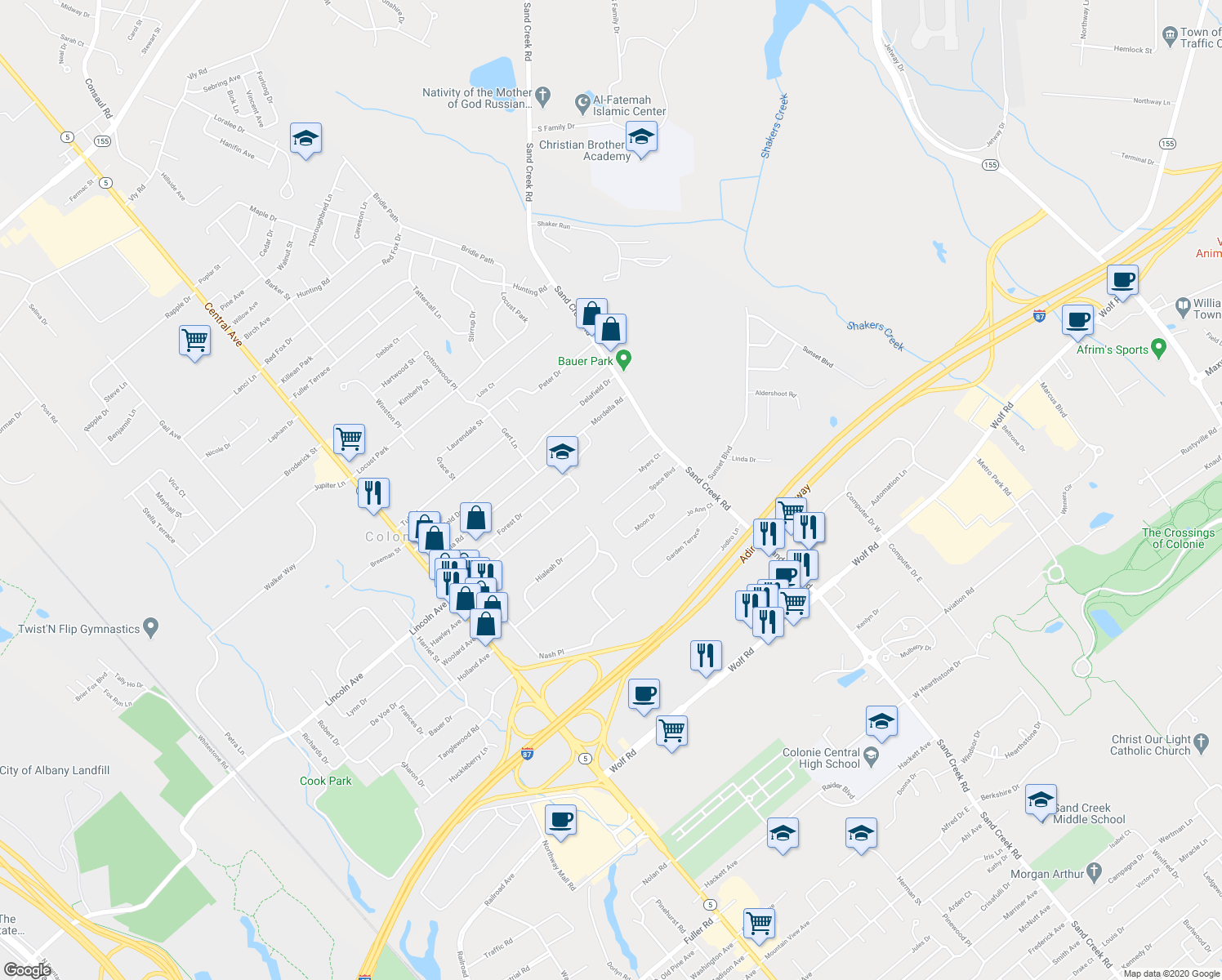 map of restaurants, bars, coffee shops, grocery stores, and more near 27 Myers Court in Colonie