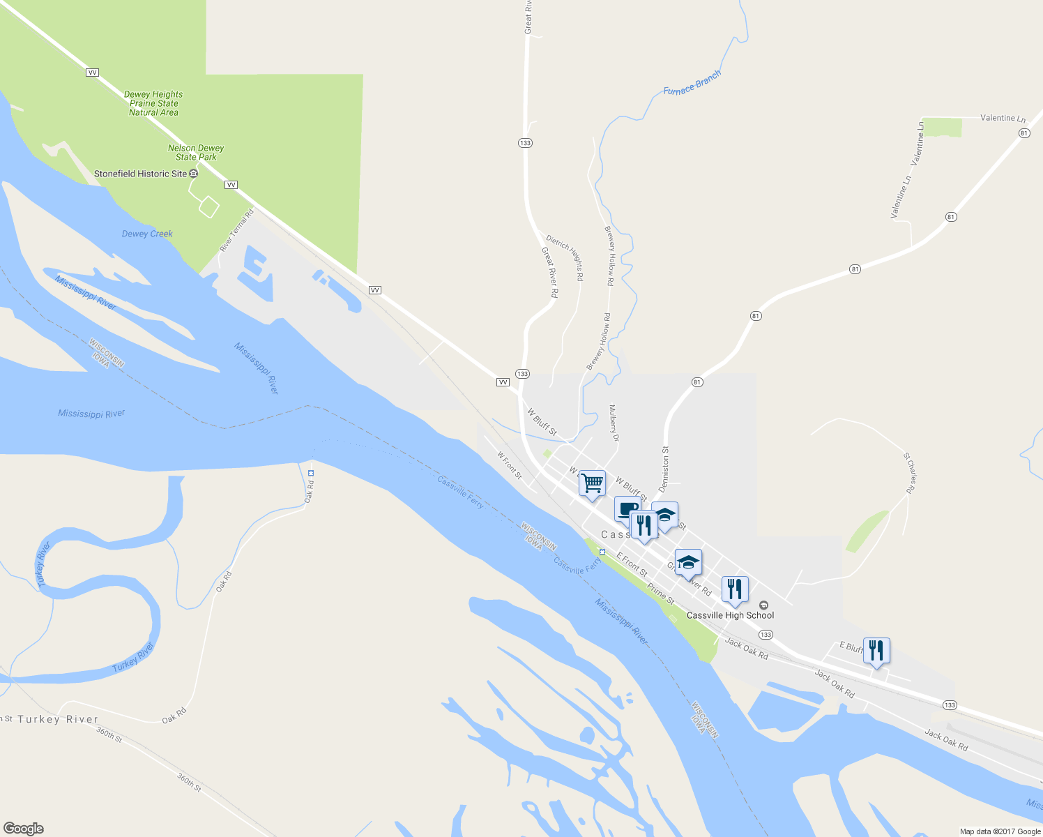 map of restaurants, bars, coffee shops, grocery stores, and more near 5877 Wisconsin 133 in Cassville