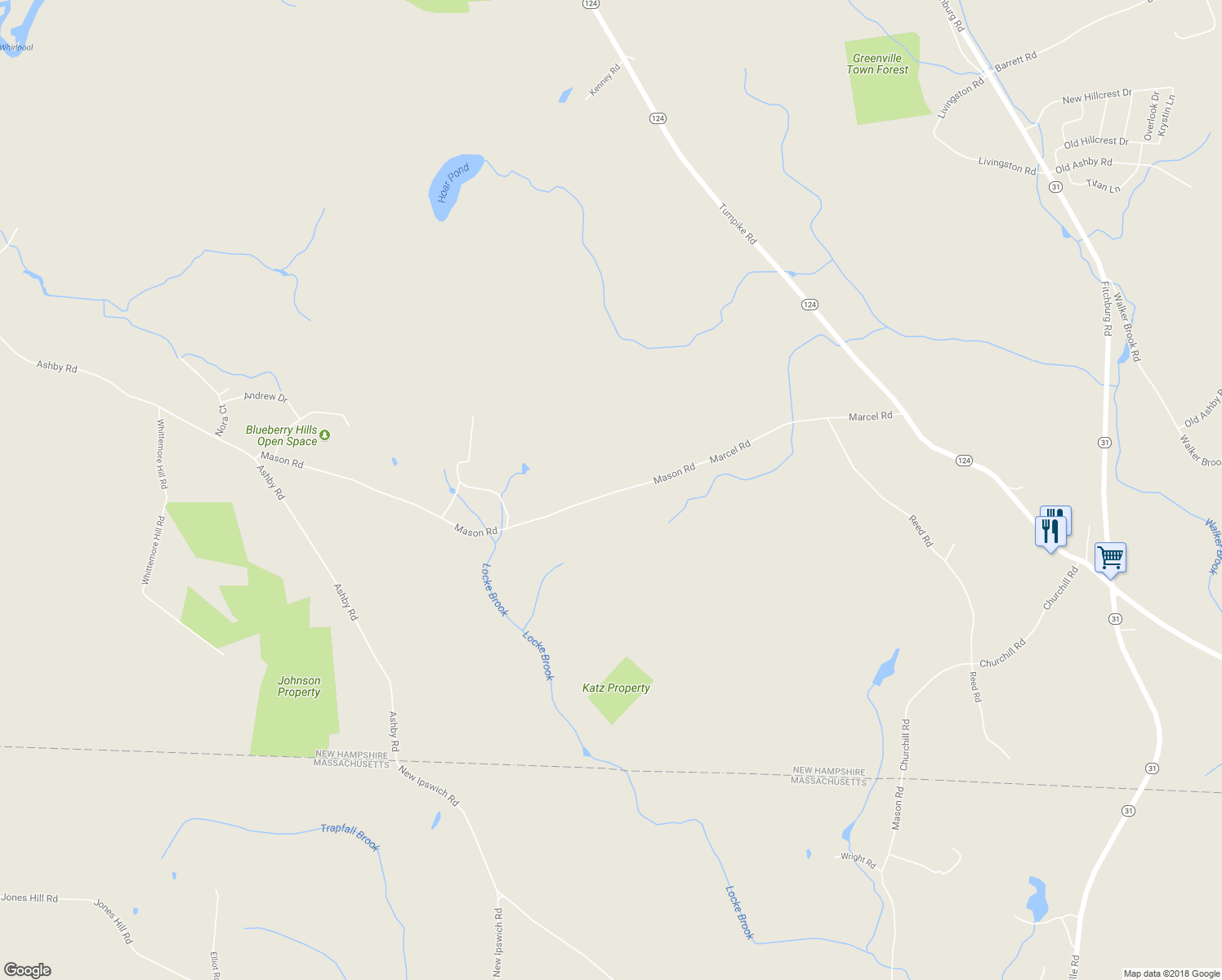 map of restaurants, bars, coffee shops, grocery stores, and more near 248 Mason Road in New Ipswich