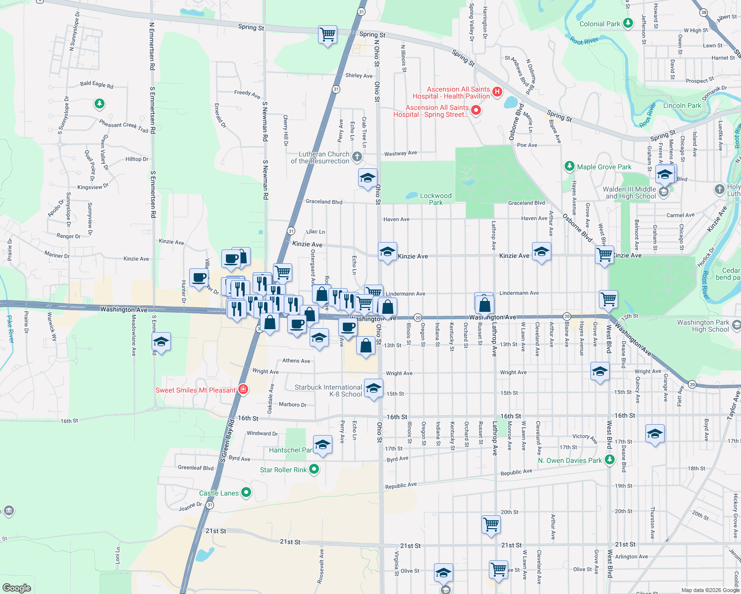 map of restaurants, bars, coffee shops, grocery stores, and more near 1101 Crab Tree Circle in Racine