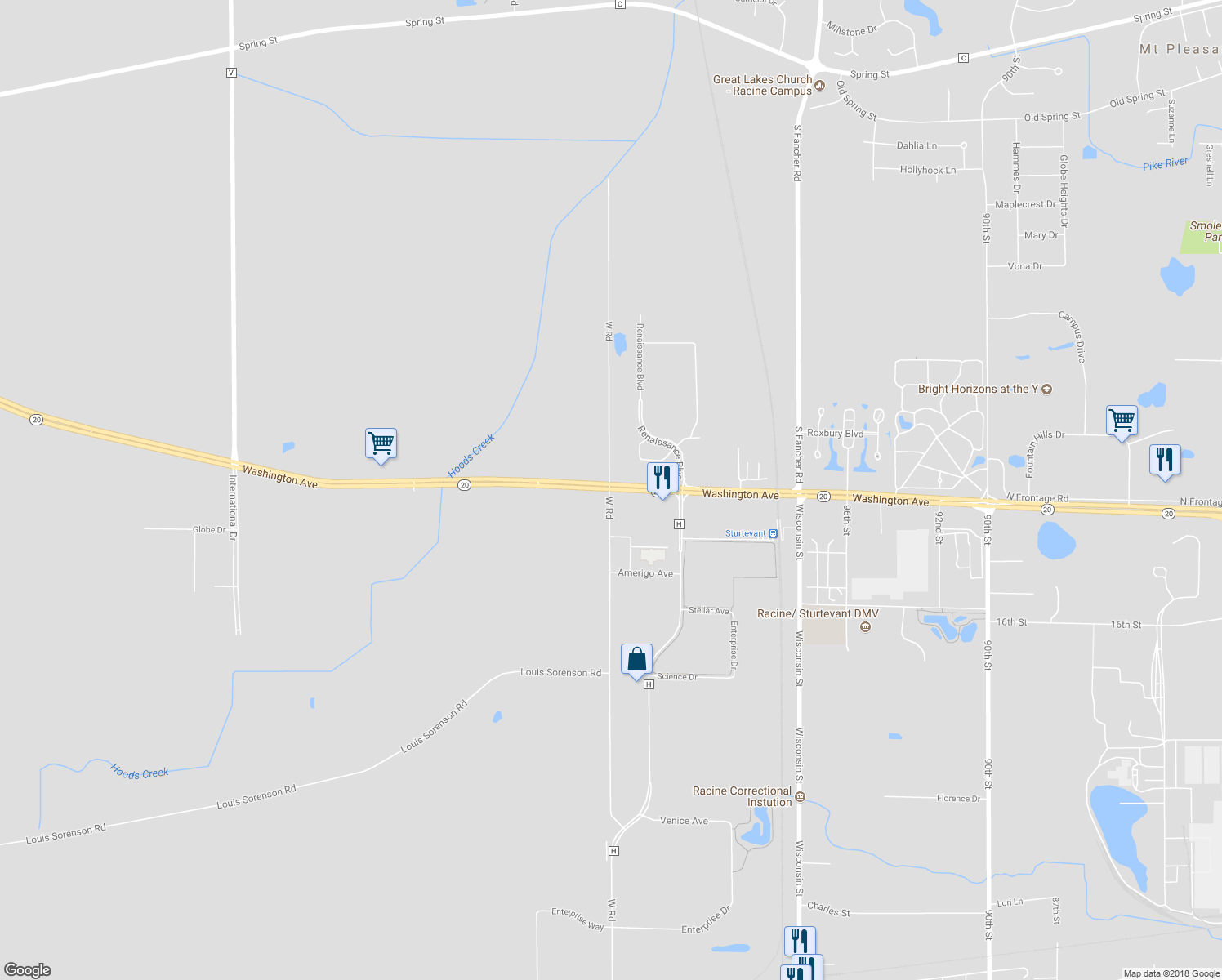 map of restaurants, bars, coffee shops, grocery stores, and more near 10351 Washington Avenue in Sturtevant