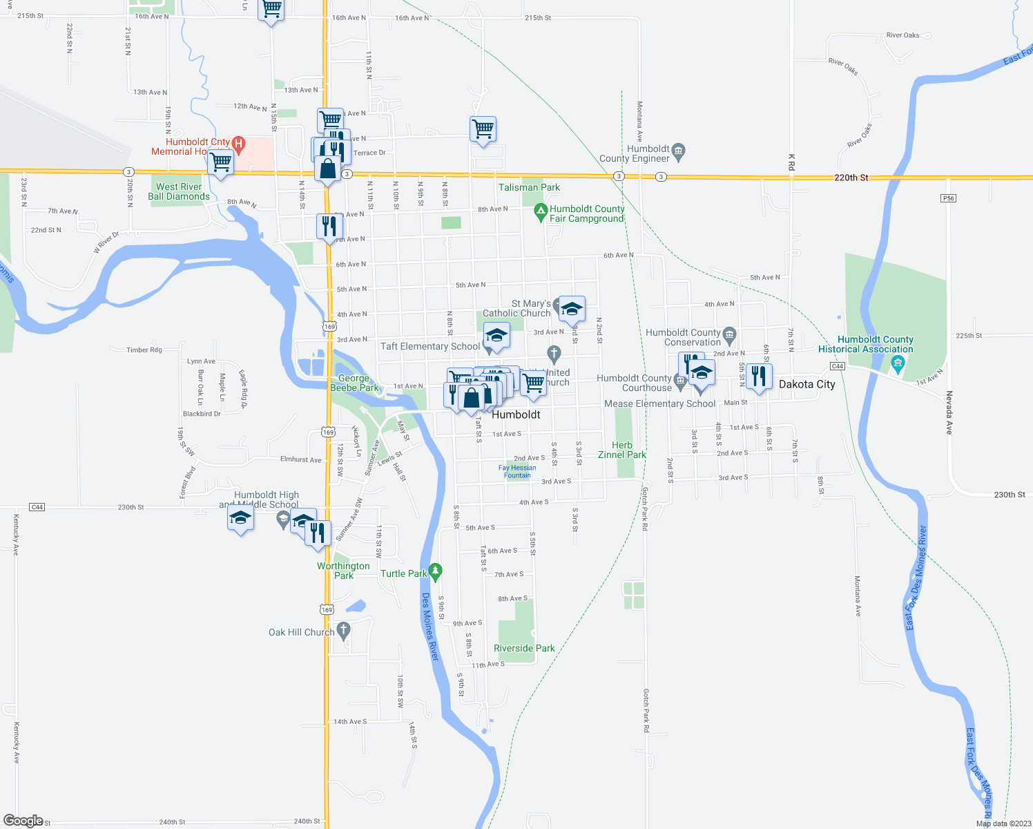 map of restaurants, bars, coffee shops, grocery stores, and more near in Humboldt