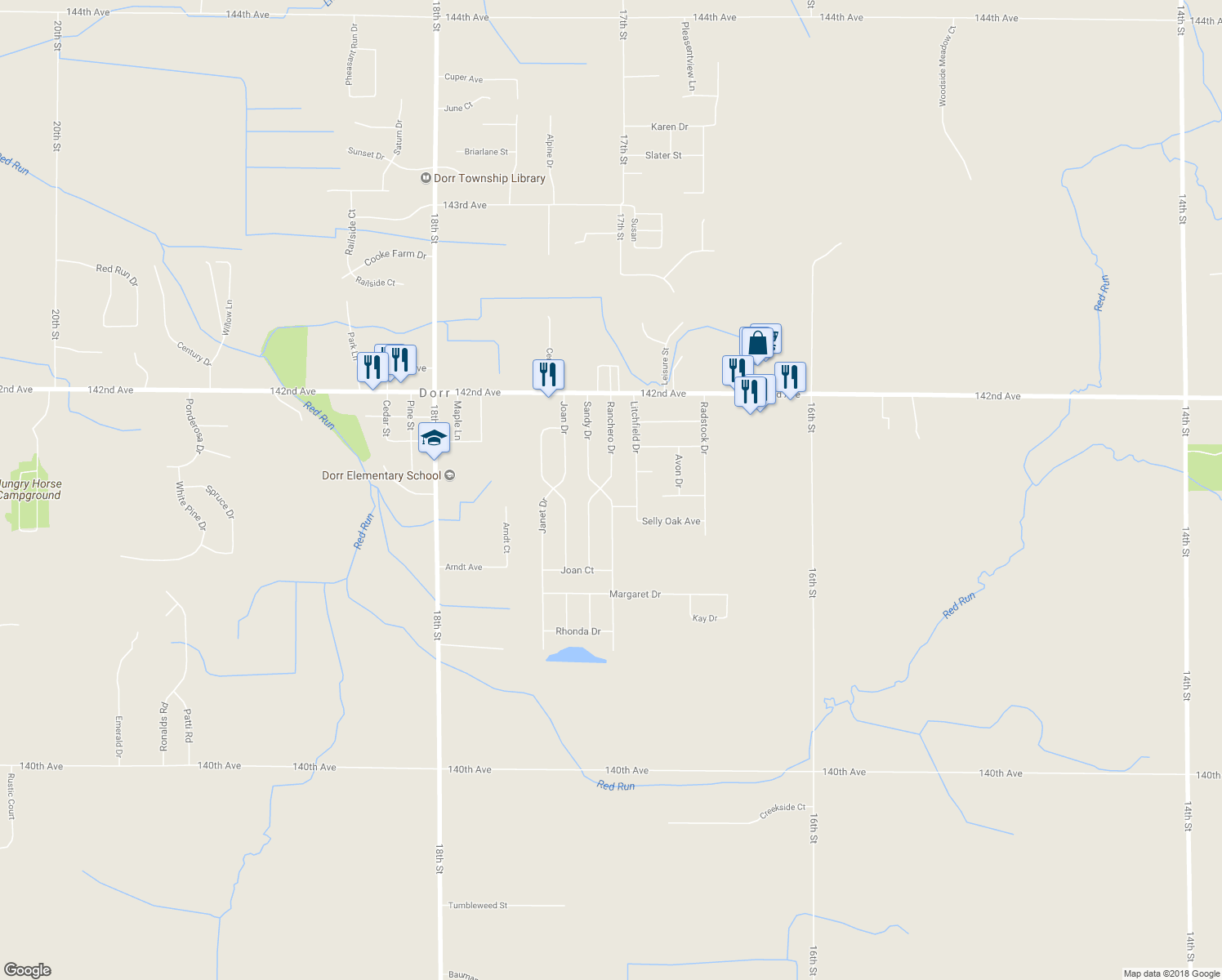map of restaurants, bars, coffee shops, grocery stores, and more near 4153 Ranchero Drive in Dorr