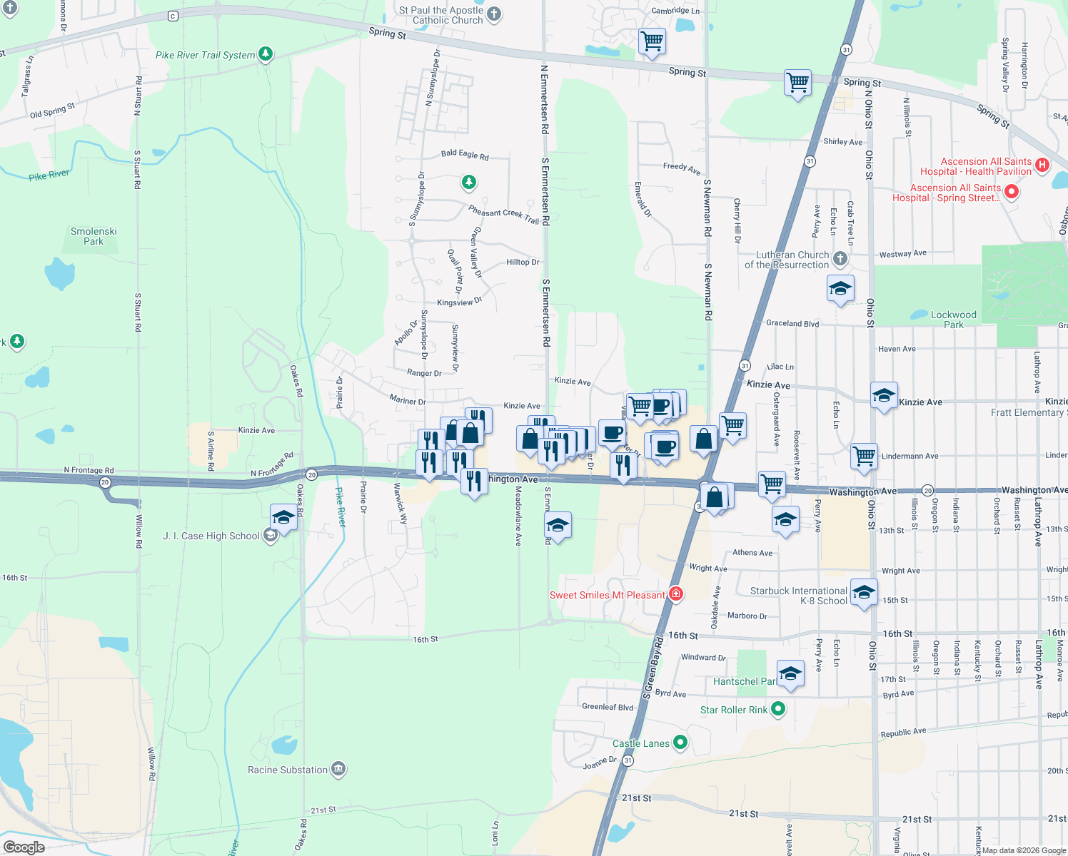 map of restaurants, bars, coffee shops, grocery stores, and more near 1008 S Emmertsen Rd in Racine
