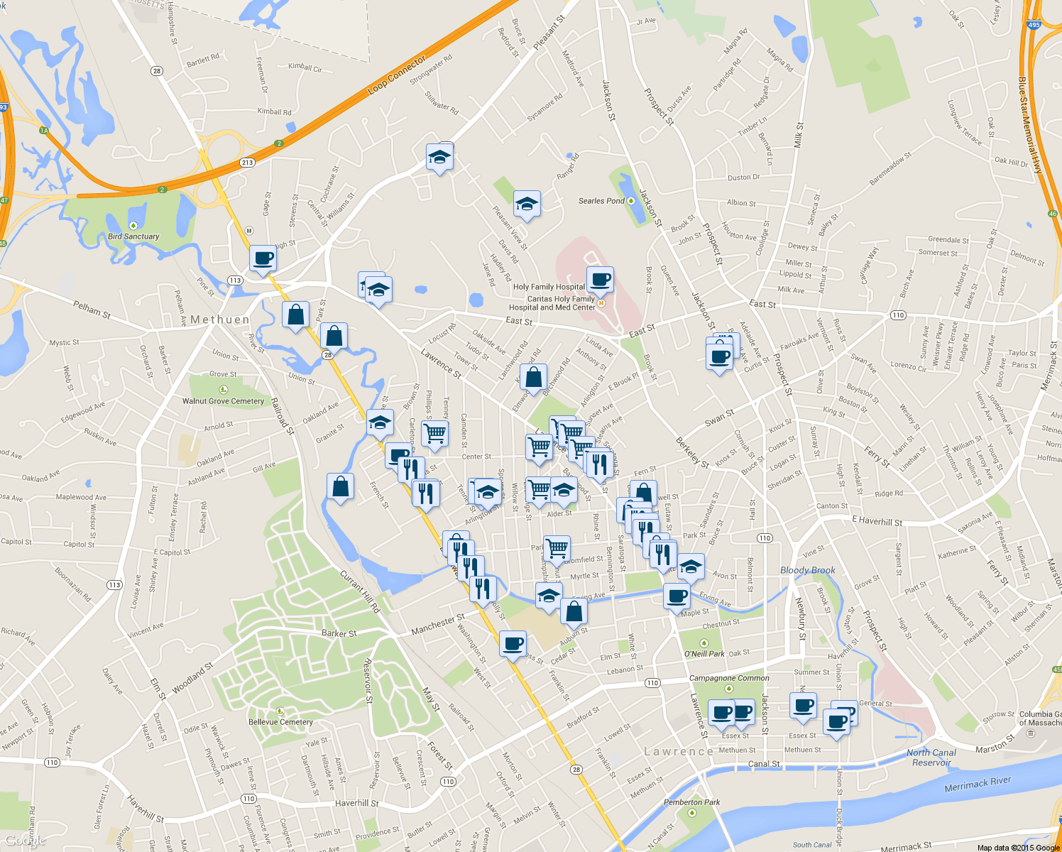 map of restaurants, bars, coffee shops, grocery stores, and more near Lawrence Street in Methuen