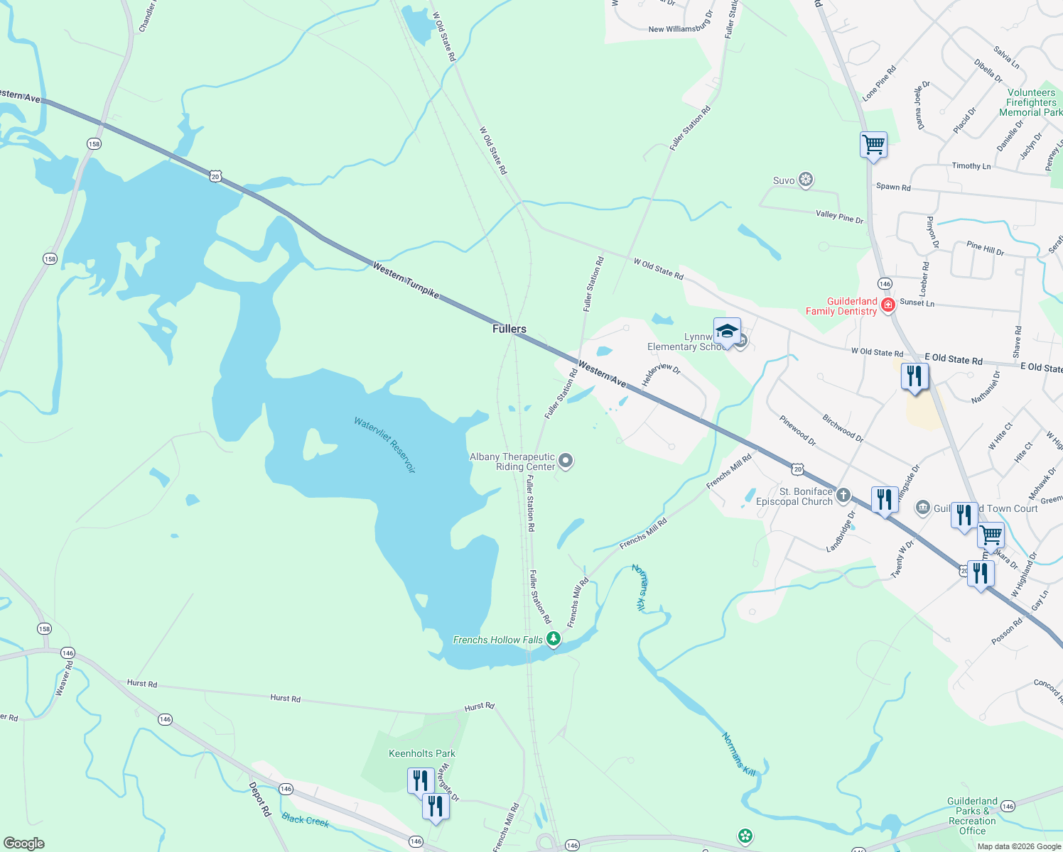 map of restaurants, bars, coffee shops, grocery stores, and more near 6651 Fuller Station Road in Altamont