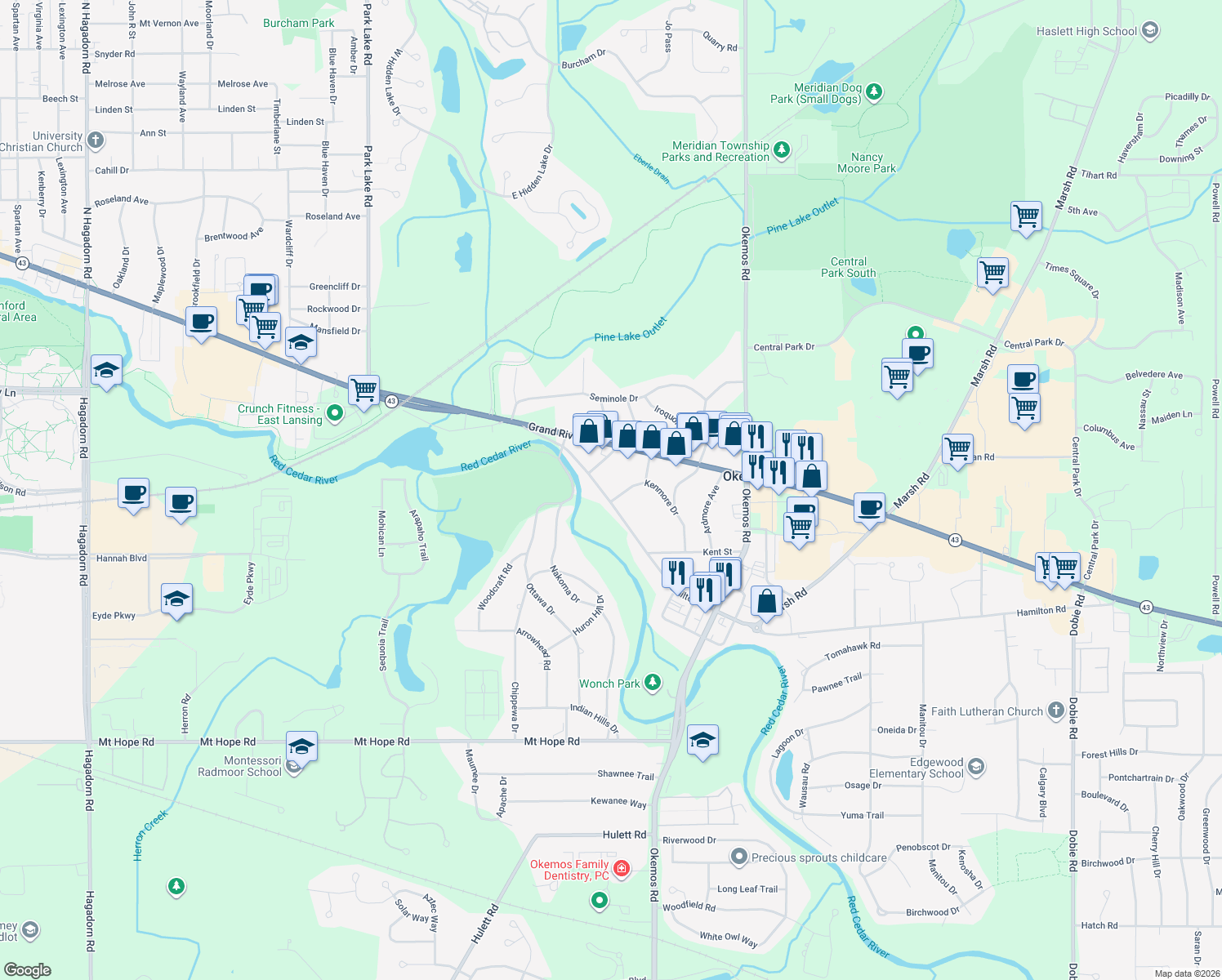 map of restaurants, bars, coffee shops, grocery stores, and more near 2294 Hamilton Road in Meridian Charter Township