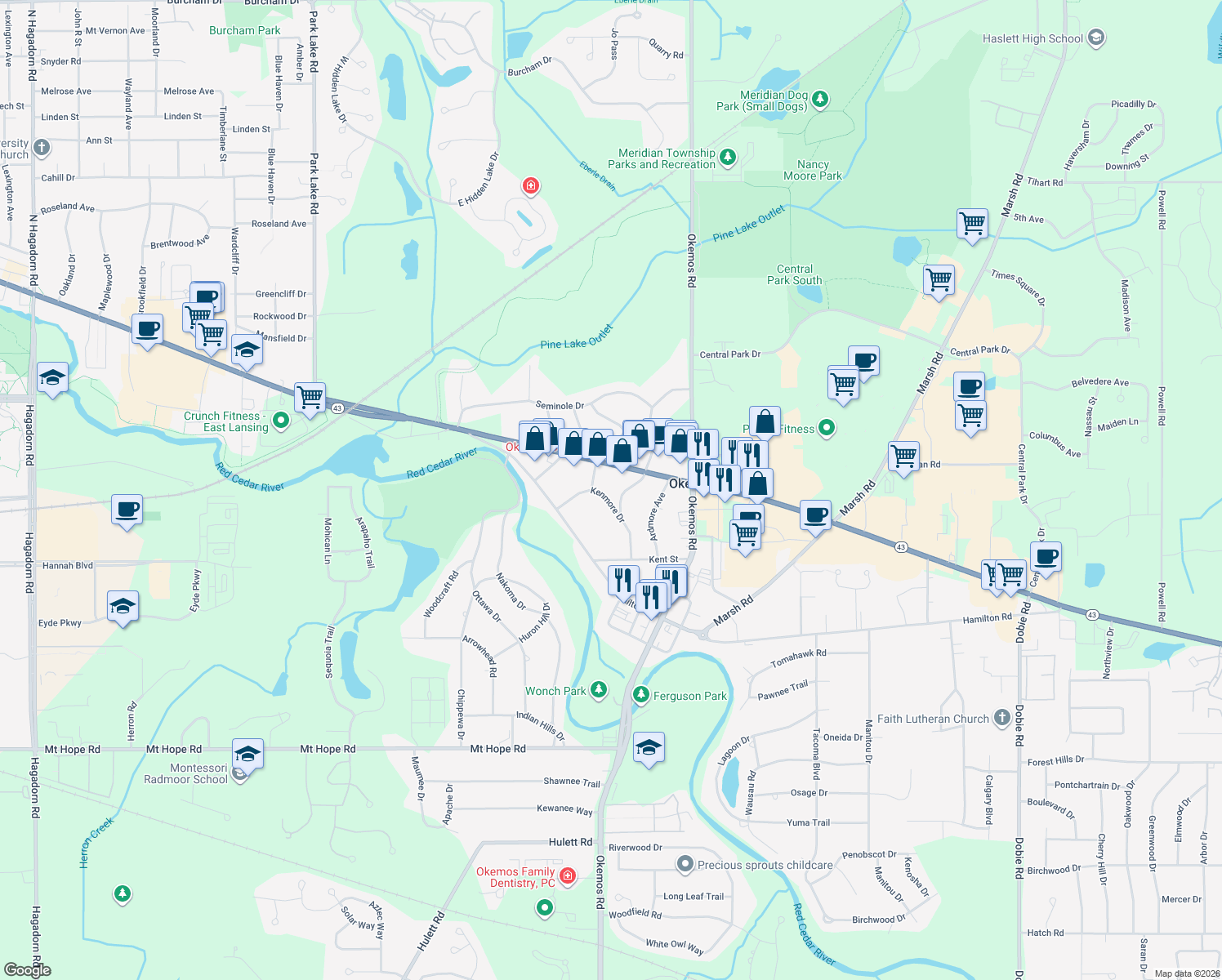 map of restaurants, bars, coffee shops, grocery stores, and more near 2264 Kenmore Drive in Meridian Charter Township